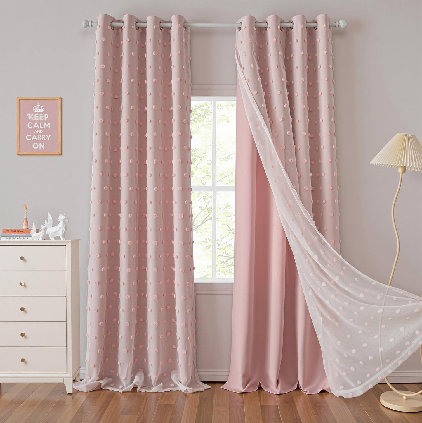MYSKY HOME Pink Curtains for Girls Room 84 Inches Long 2 Panels Girls Curtains wiht Pink Pom Pom Sheer Blackout Nursery Curtain Room Darkening 2 Layered Window Drapes for Toddler Grommet, 52 x 84 Inch