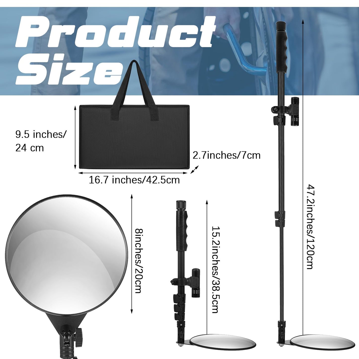 Barydat 2 Pack Under Vehicle Inspection Mirror with Light and Telescoping Handle 8 Inch Diameter Security Angle Adjustment Handheld Inspection Mirror for Under Car Truck Equipment Over Shelf