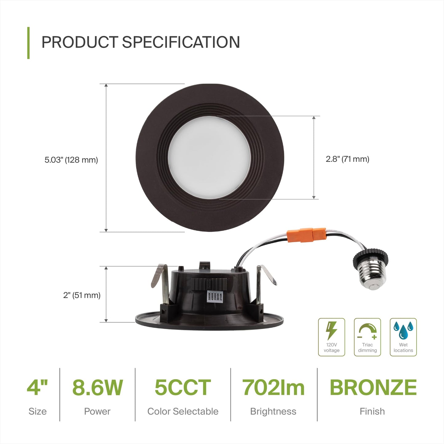 ASD Retrofit LED Recessed Lighting 4 Inch | 9W 700 Lm Wet Rated Dimmable Ceiling Downlights | 2700K-5000K Adjustable CRI90 Bronze Room Recessed Light Fixtures | LED Can Lights, UL 12 Pack