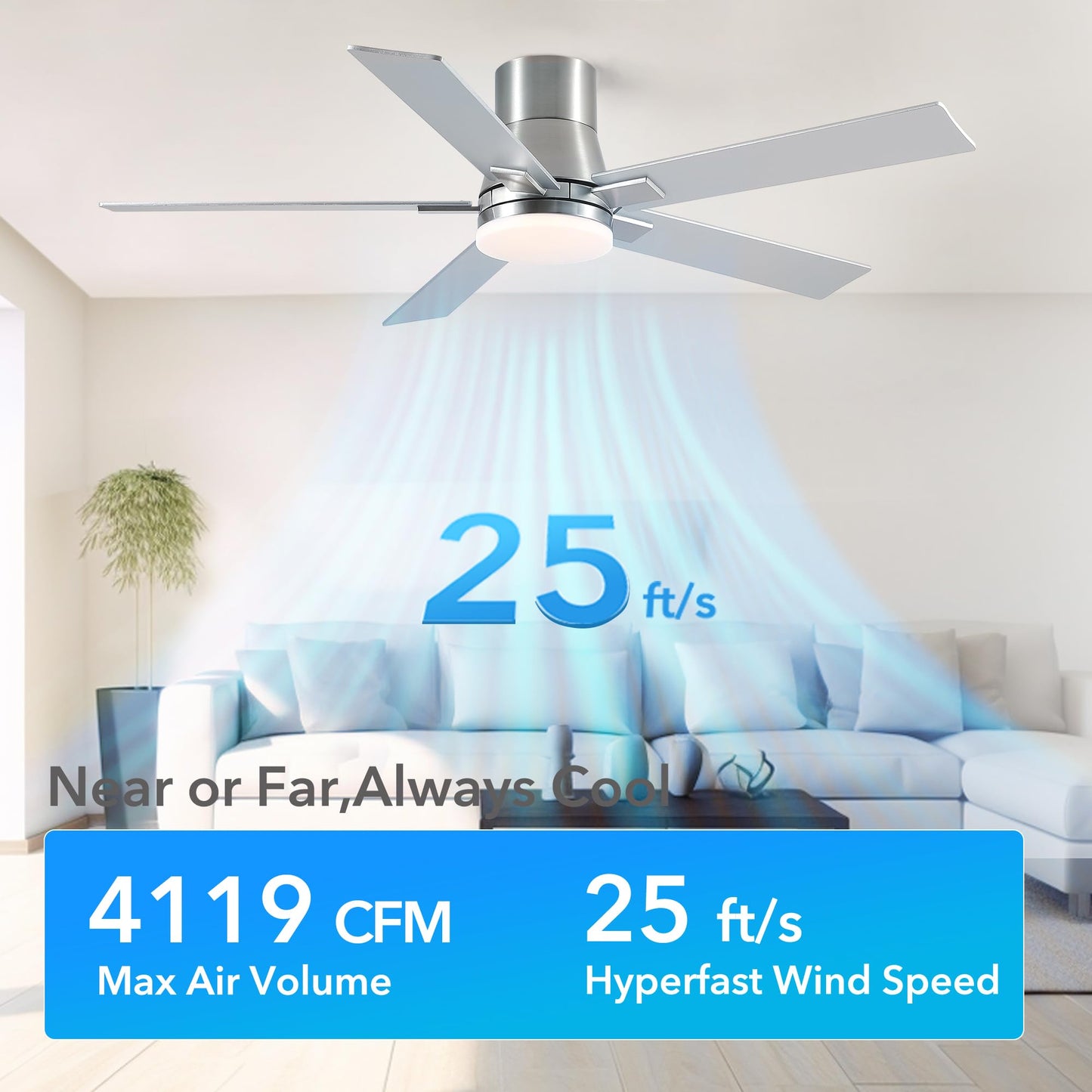 52 Inch Ceiling Fans with Lights and Remote,Flush Mount Brushed Nickel Ceiling Fan,6 Speed Reversible DC Motor, 3CCT Dimmable LED-Low Profile Design for Bedroom, Living room & Covered Outdoor