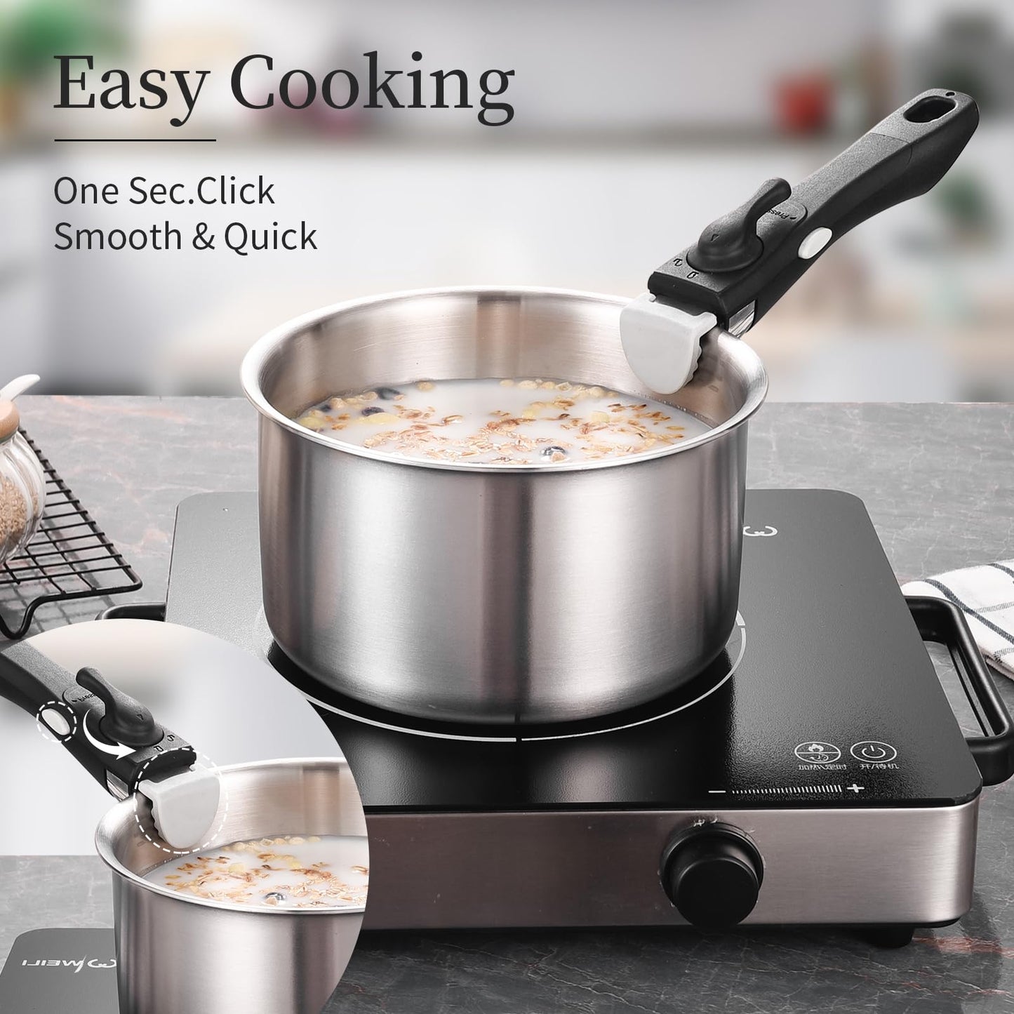 Inqibee Tri-Ply Stainless Steel Cookware Set with Detachable Handle, Removable Handle Pots and Pans Set 6pcs, Induction Kitchen Cooking Set for Home & RV Camping, Dishwasher and Oven Safe