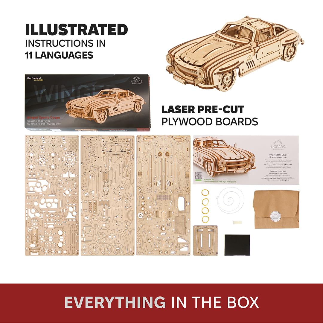 UGEARS Winged Sports Coupe Model Car Kit - 3D Wooden Puzzle Car –Model Kit for Adults to Build - DIY Wooden Car Model Kit with Authentic Gull-Wing Design Car Model