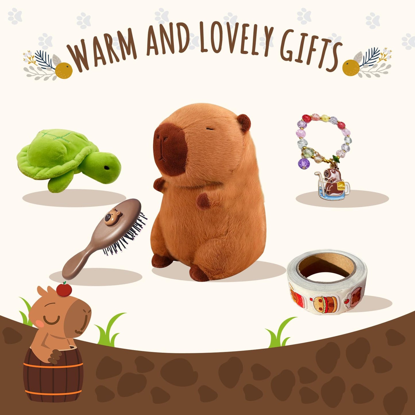Capybara Plush Gifts for Girls 4 5 6 7 8 9 10+ Years Old, Kids Cute Capybara Toys with Stuffed Animal/Keychain/Bag/Bath Towel/Hair Pins/Bracelet/Headband, Christmas Birthday Plush Toys Set