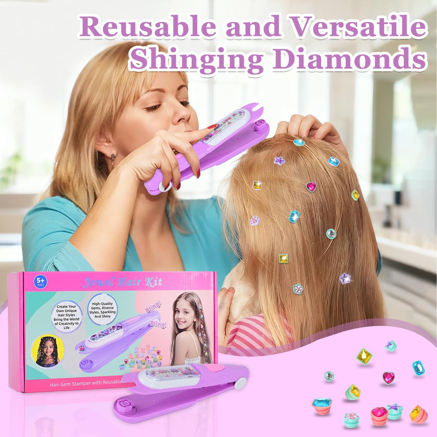 Hair Gem Stamper Kit, Hair Bedazzler Styling Tool with Reusable Rhinestones, Girls Hair Accessories, Birthday Gift Toy for Girls (Pink) (Purple)