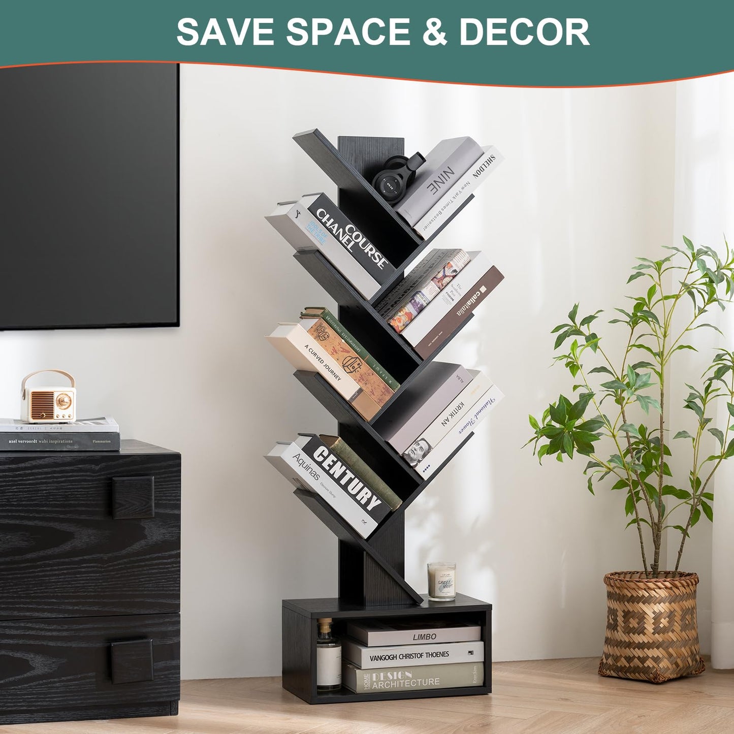 Yoobure Tree Bookshelf, 6 Tier Small Book Shelf Retro Floor Standing Bookcase, Wood Book Storage Organizer Rack, Tall Narrow Bookshelves for Corner/Bedroom/Living Room/Home Office, Black