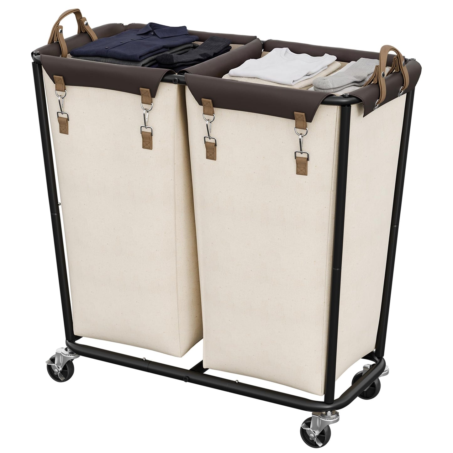 StorageWorks 280L Large Laundry Hamper with Wheels, Laundry Basket with Wheels 2 Sections, Clothes Sorter Cart with Divider for Hotel, Home, Beige, 1-Pack