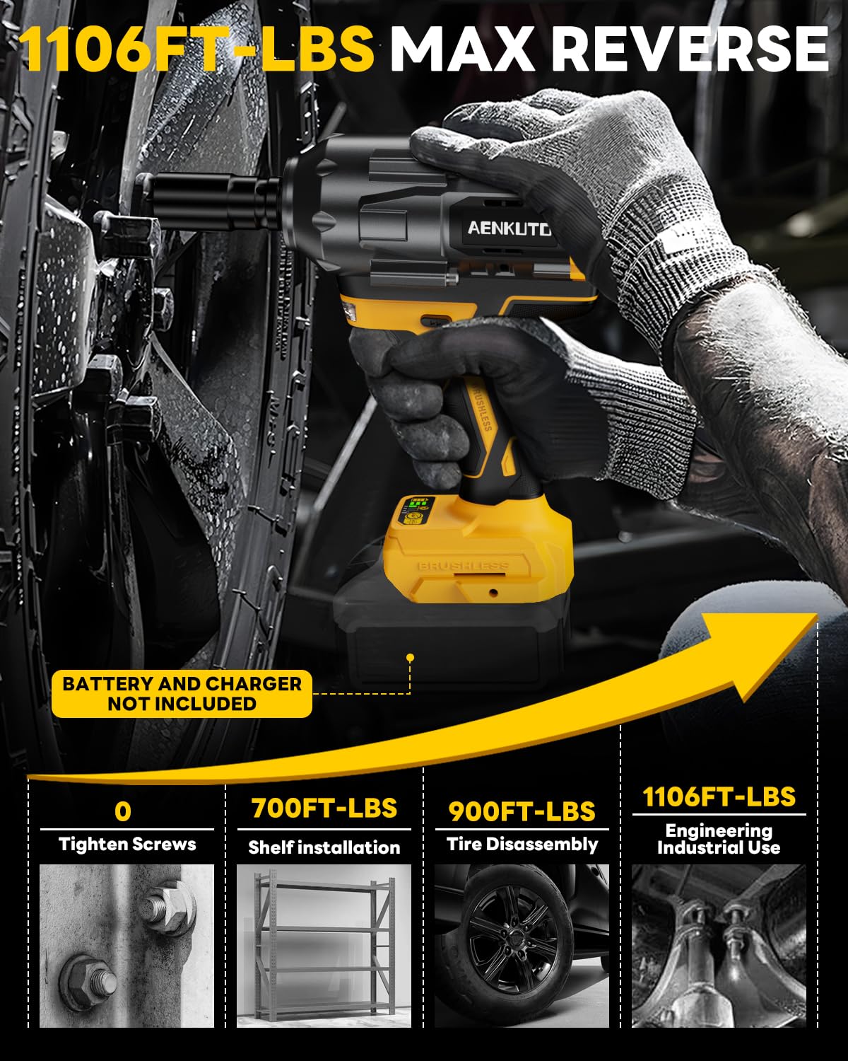 Cordless Impact Wrench for DeWALT 20V MAX Battery,1500Nm (1106 Ft-Lbs) 1/2" Brushless Impact Gun, LED Work Light, 3-Speed High Torque Power Tool for Tire Removal, Rusted Bolts (No Battery)
