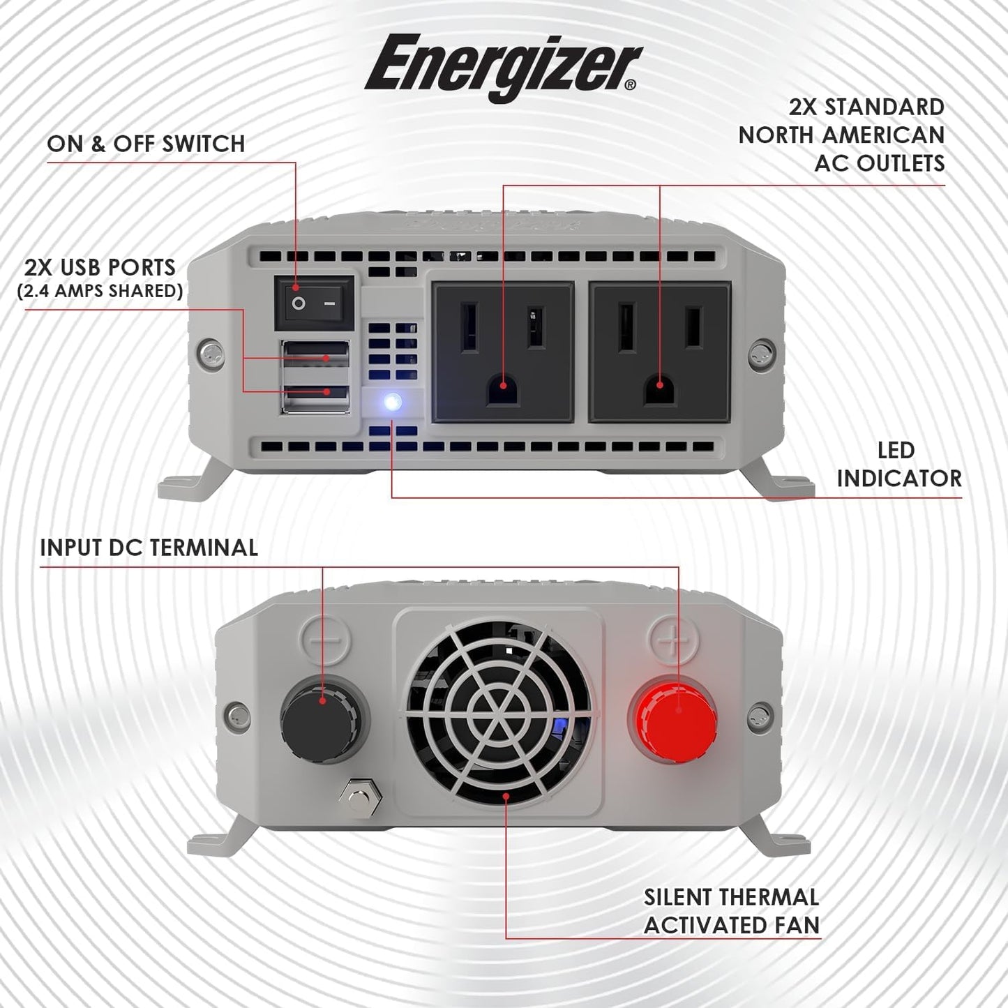 Energizer 600 Watt 12V DC to 110V AC Car Power Inverter, Modified Sine Wave, 2 Outlets, 2 USB Ports, Cigarette Lighter Plug & Clamps - ETL Approved Under UL STD 458