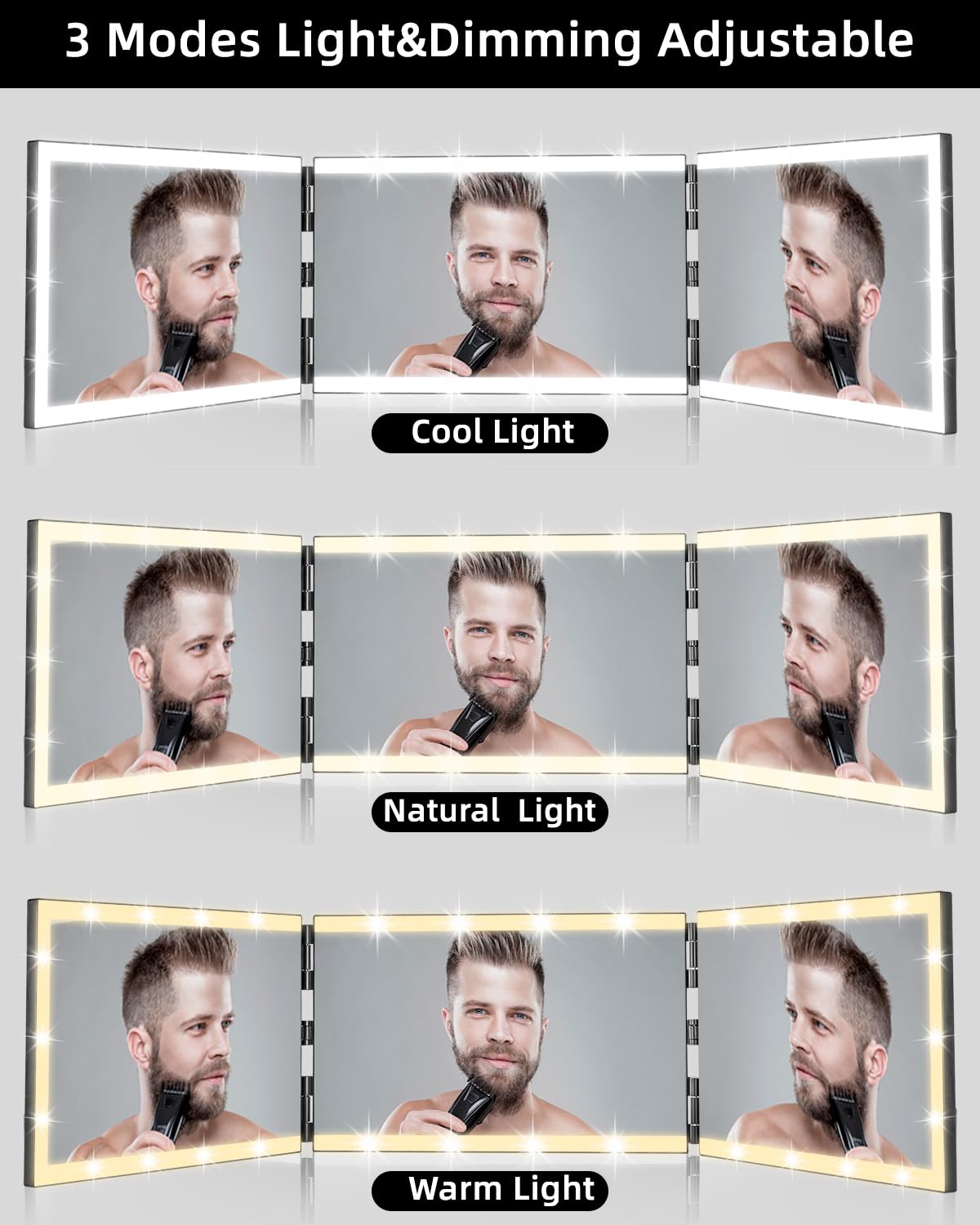 Vanexiss Rechargeable 3 Way Mirror for Self Hair Cutting-to See Back of Head, Trifold Mirror with 8 Light Strips & Telescoping Hooks for Makeup, Shaving & Styling