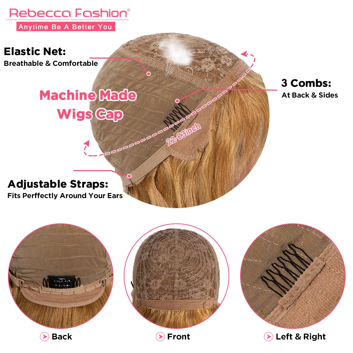 Rebecca Fashion 16 Inch Honey Blonde Straight Wigs with Bangs Human Hair Wigs for Black Women None Lace Front Wigs 10A Brazilian Virgin Hair Glueless Machine Made Wig