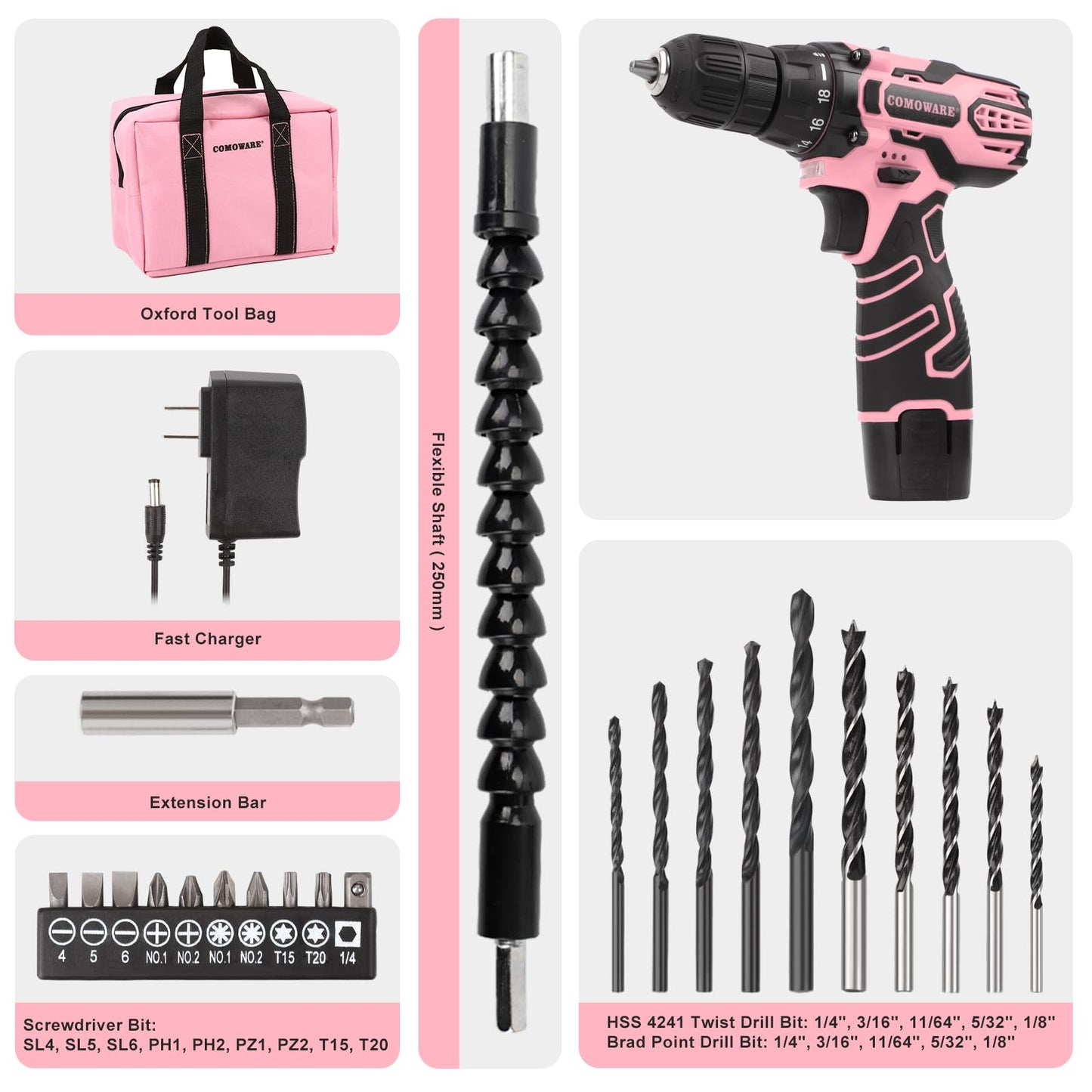 COMOWARE Pink Cordless Drill Set for Women, 12V Lightweight Electric Screwdriver with 3/8" Keyless Chuck, 1.5Ah Battery - Portable Power Drill Kit with Pink Tool Bag for Home DIY Projects