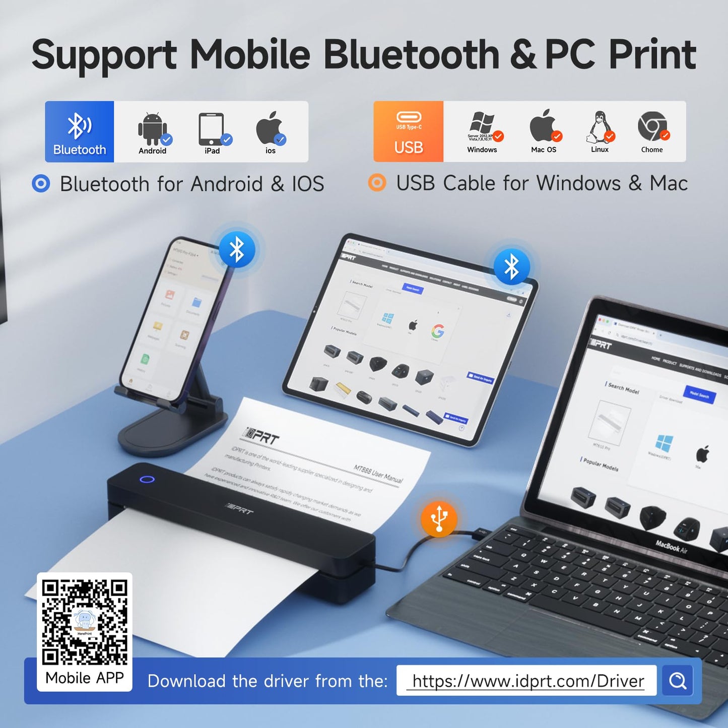 iDPRT Portable Printer Wireless for Travel - Bluetooth Mobile Printer Support for 8.5"x11" US Letter, Inkless Compatible with iOS, Android, Laptop for Office, Car and Home (300DPI, Black)