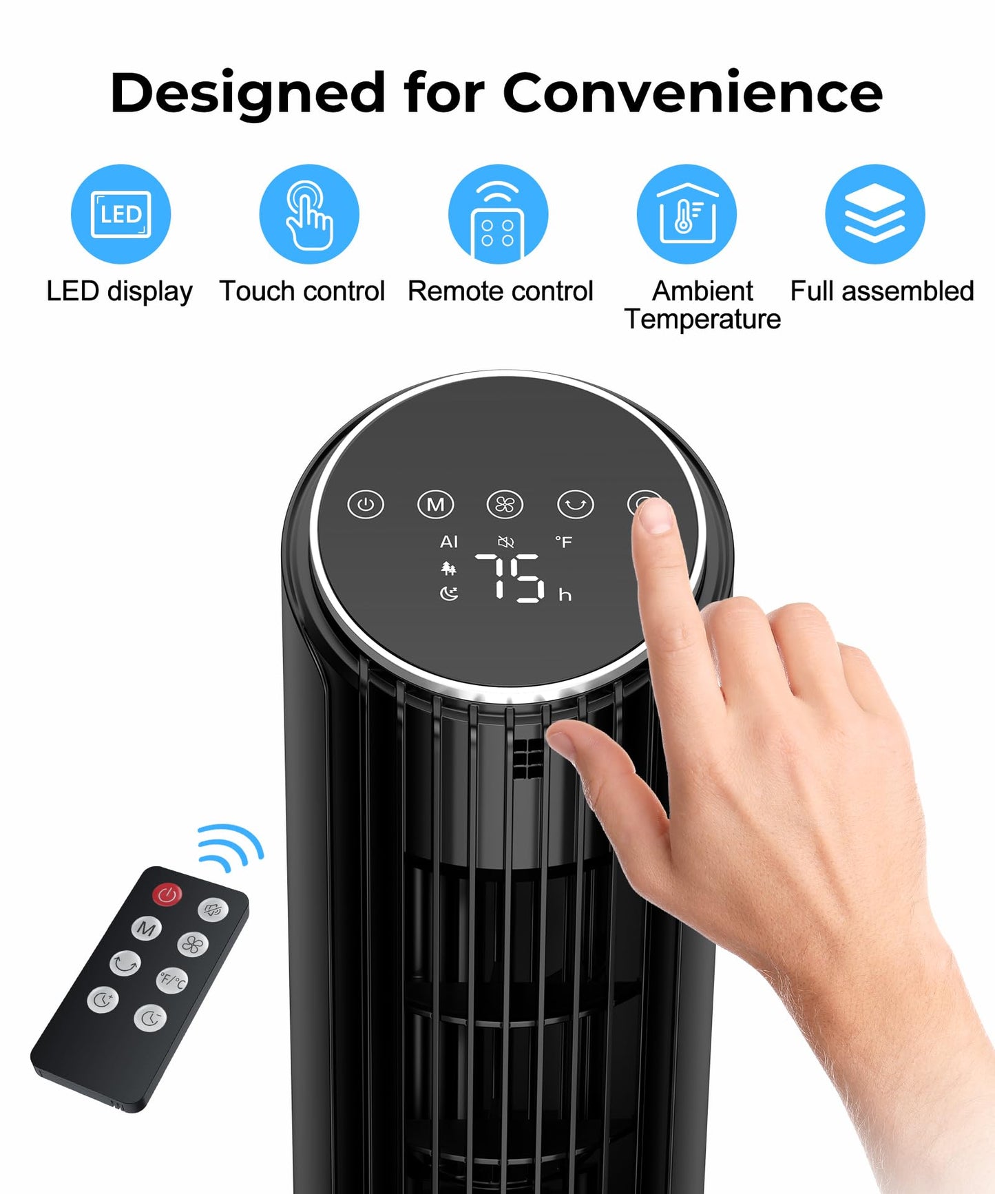 Abolee Tower Fan for Bedroom, 23ft/s Desk Fan with Remote, 70° Oscillating Desk Fan, 4 Speeds, 4 Modes,12Timer, 13'' Bladeless Portable Fan for Bedroom Office Home Black