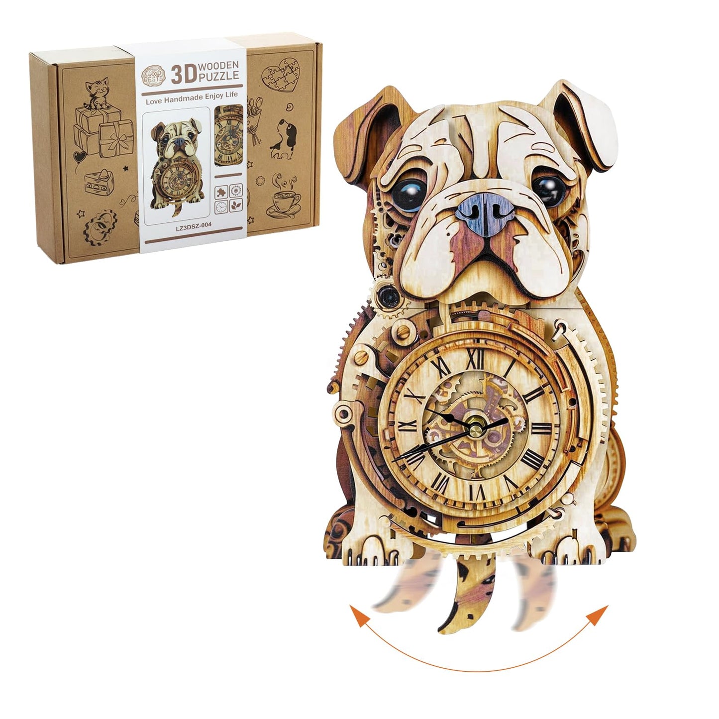 Kosmickiss Wooden Models for Adults to Build-Bulldog Clock with Swinging-3D Wooden Puzzles for Adults-Dog Mom Gifts for Women-DIY Clock Kit