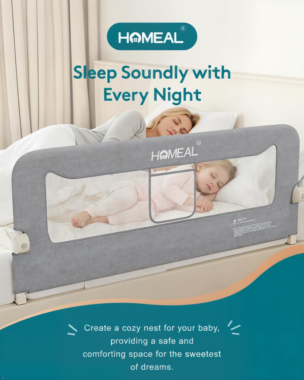 HOMEAL Bed Rail for Toddlers, 59in Swing Down Baby Bed Rail Guard, Toddler Bed Rails for King Size Beds, Twin, Full, Queen, Bed Guard Rail for Toddlers, Grey