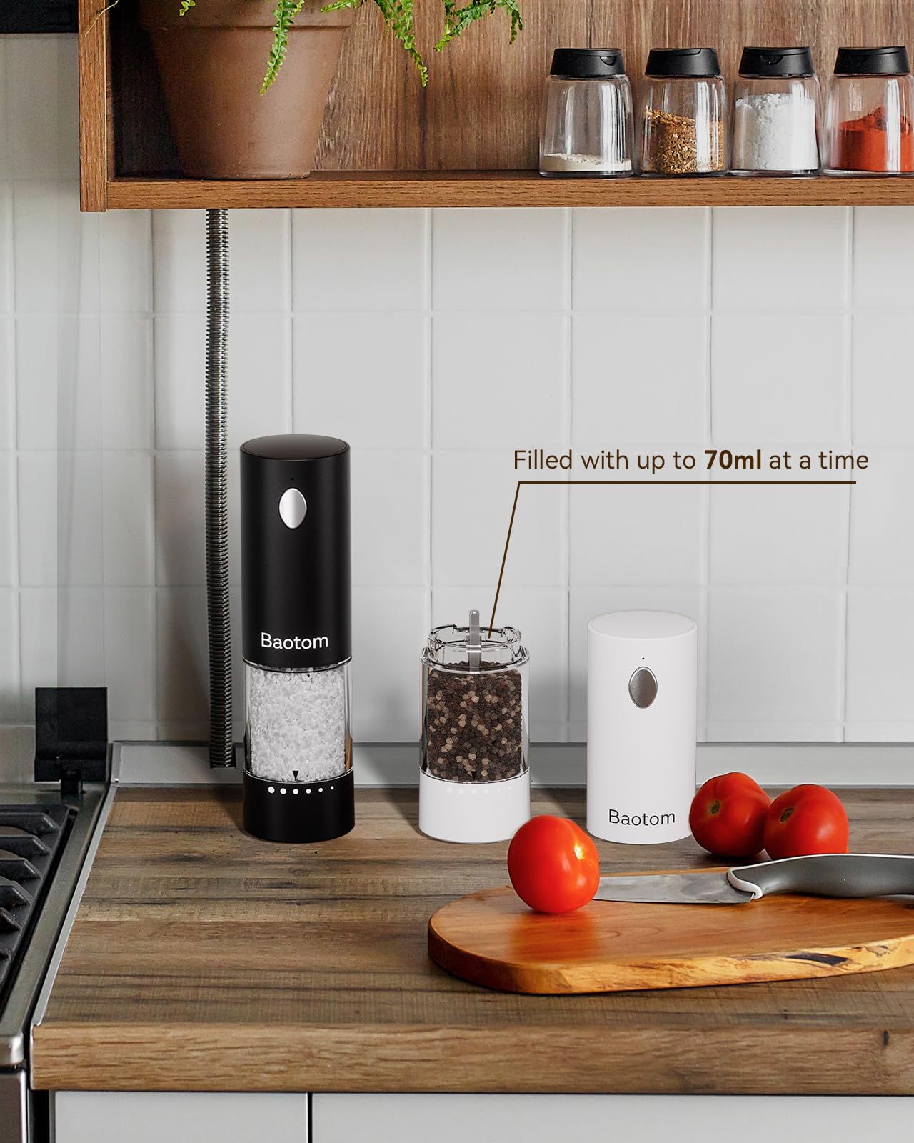 Baotom Electric Salt and Pepper Grinder Set with Dual Charging Base, 6 Adjustable Coarseness Levels & External Grind Settings, One-handed Operation Salt and Pepper Mills with LED Light,Black & White