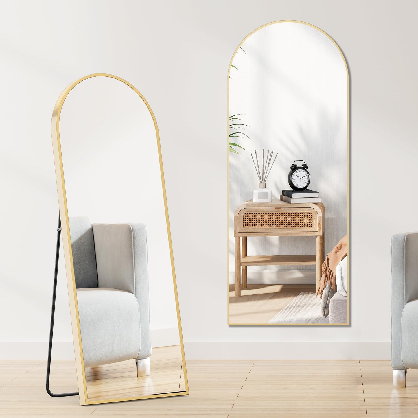 OLIXIS 64"x 21.5" Arched Mirror Full Length, Full Body Mirror with Stand, Hanging or Leaning for Wall, Floor Standing with Shatter-Proof Glass for Bedroom, Living Room, Long, Gold