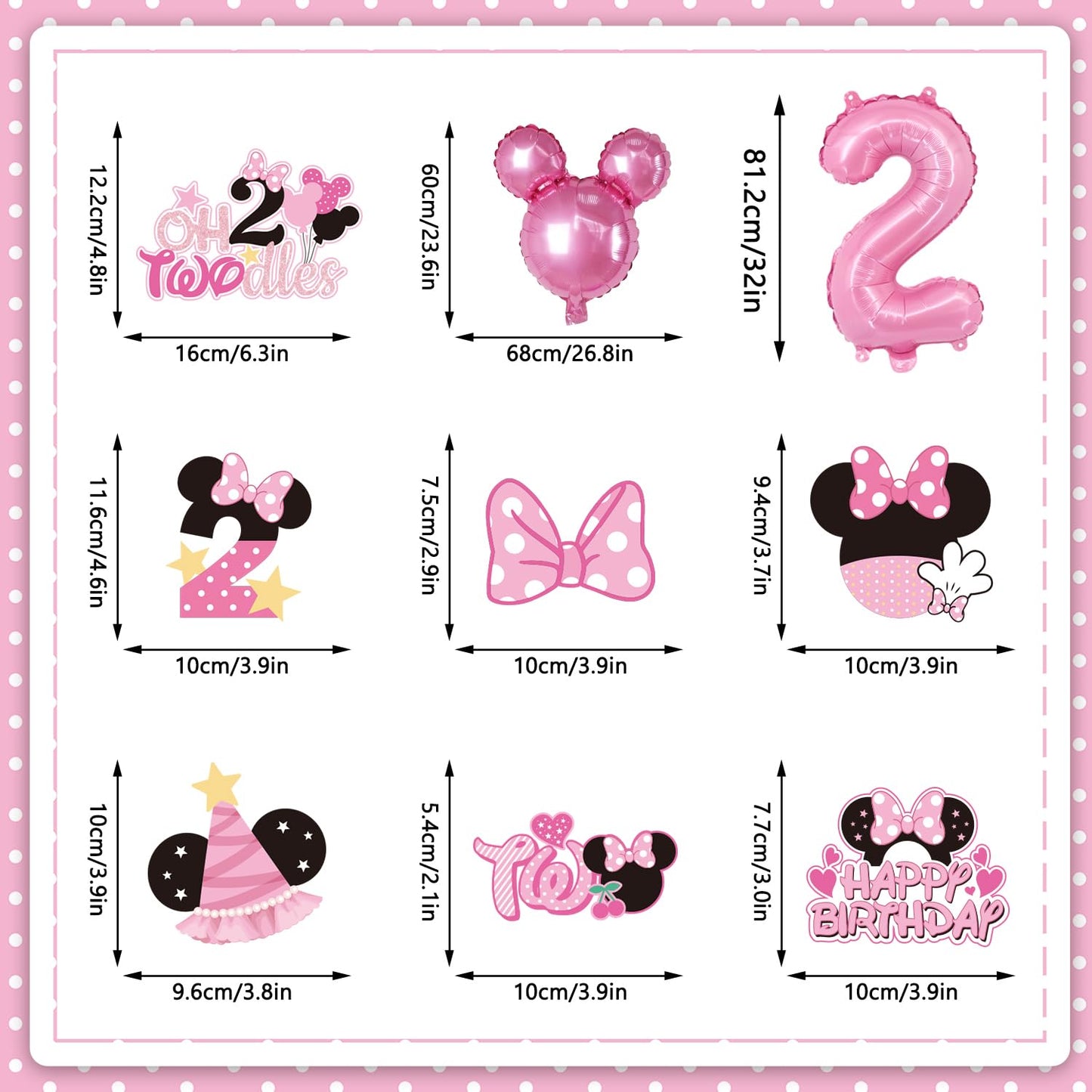 108Pcs Pink Mouse Birthday Decorations Tableware Oh Twodles Birthday Party Supplies Include Banner Plates Napkins Cups Balloons Cupcake Toppers Cake Topper and Waterproof Tablecloth