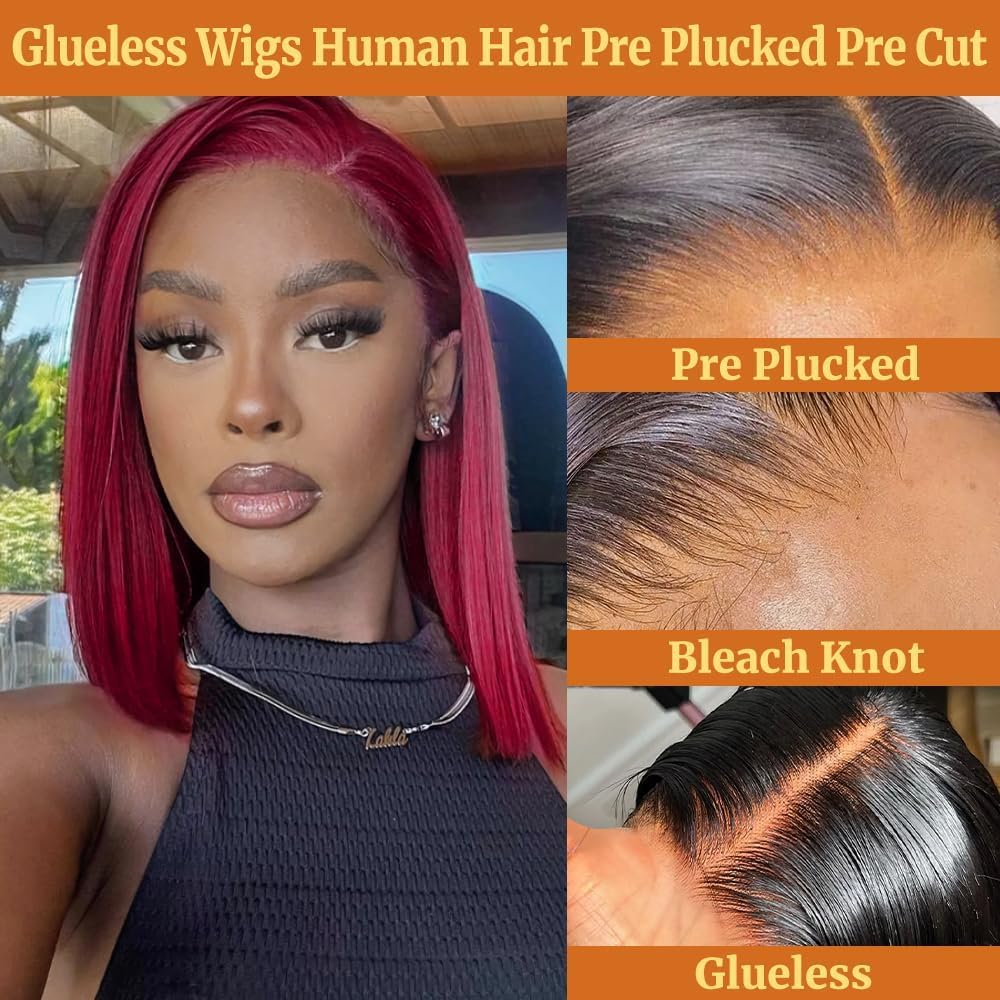 99j Burgundy 4x4 Straight Bob Wig Human Hair Hd Lace Closure Wigs Human Hair Gluless 100% Remy Human Hair for Women Transparent Lace Wig 16 Inch