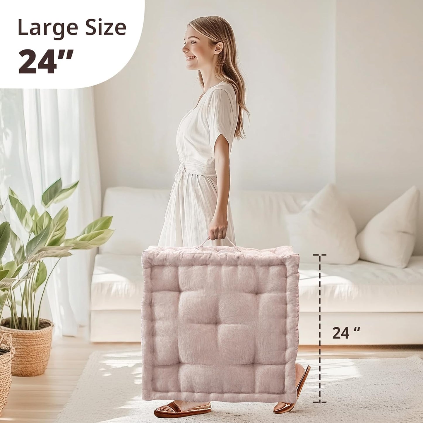 Intelligent Design Large Floor Pillow for Adults Yoga or Meditation Cushion with Handle, Floor Cushion for Board Games, Lustrous Chenille Tufted, Handsewn Scalloped Edge, Azza, 24" x 24" x 5" Blush