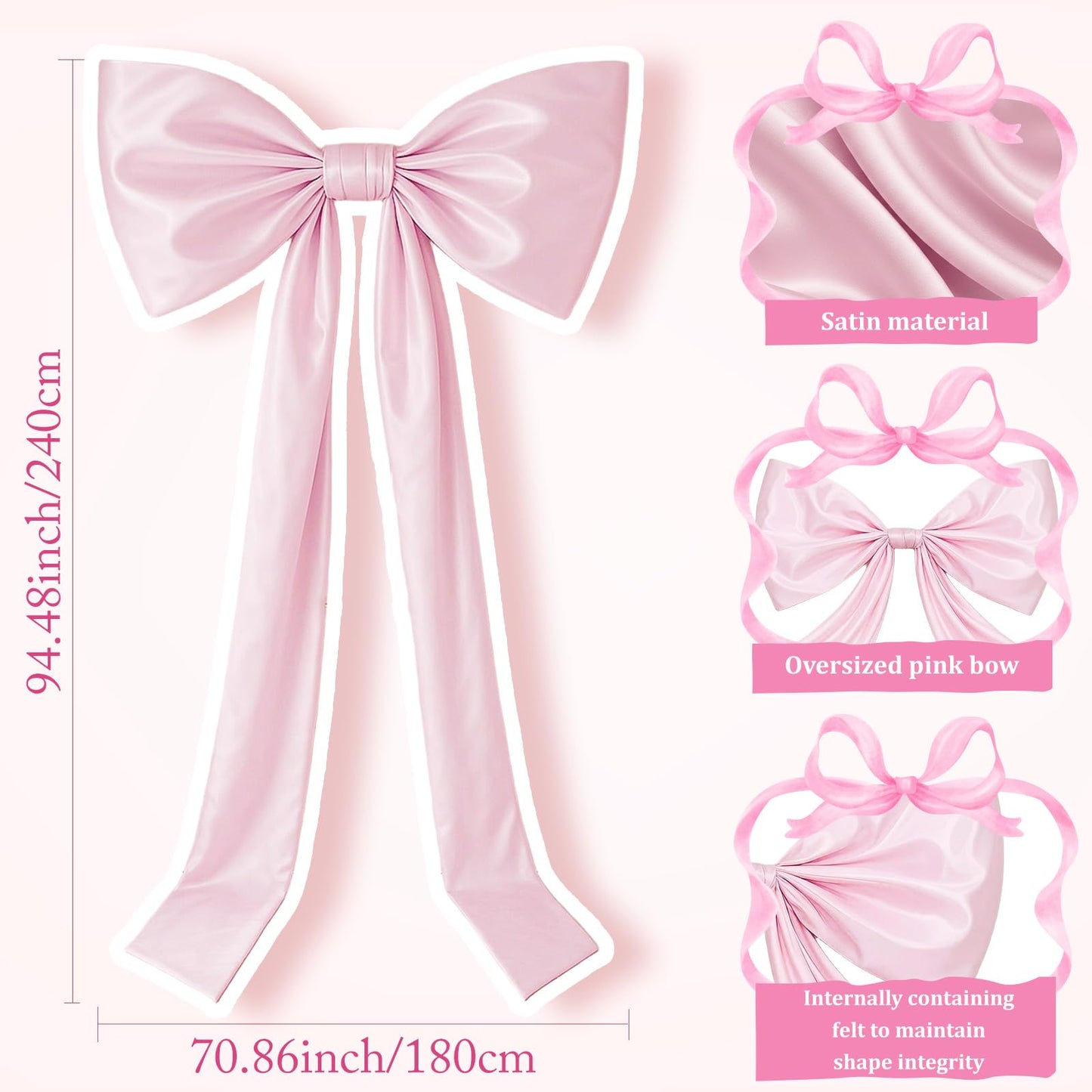 GUDELAK 95 x 70 Inches Extra Large Bow Themed Party Decorations Giant Pink Bow Decor Satin Ribbon, Contains Felt Big Pink Wall Decor Girl Coquette Birthday Decorations Bachelorette Bridal Supplies