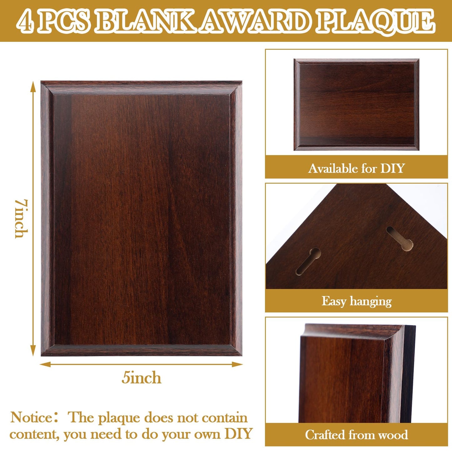 Memorywuu 4 Pcs DIY Blank Award Plaques Personalized Engraved Plaques Wooden Trophy Gift for Thank You, Photo, School, Sports, Special Achievements, Retirement (Walnut,5 x 7 Inch)