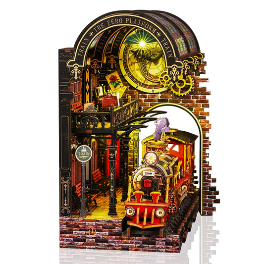Book Nook Kit - DIY Book Nook Kits for Adults and Teens, 3D Puzzle Miniature House Kit with LED Lights, Elegant Wooden Book Stand Insert Decoration (Magic Station)