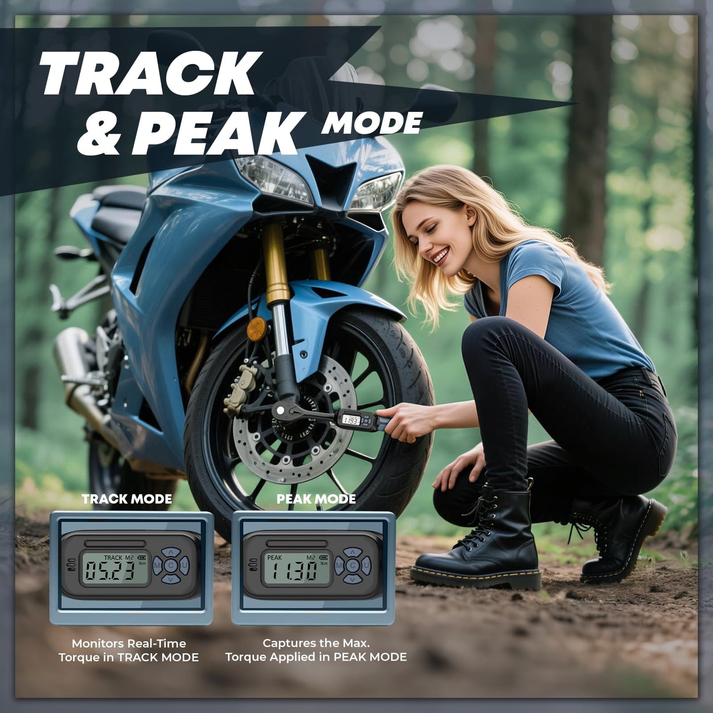 3/8 Torque Wrench Digital (2.21-44.25 Ft. Lb) ±2 % Accuracy Digital Inch Pound Torque Wrench 3/8 Drive Ratchet with Buzzer LED Flash Track Mode/Universal Joint & 6" Xtension Bar for Bike Moto Auto