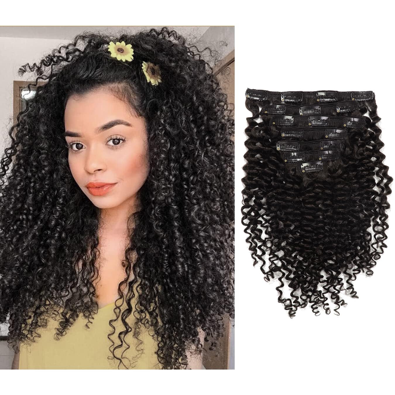 Loxxy Clip in Human Hair Extensions for Women Natural Black Real Human Hair Curly Clip in Hair Extensions with Double Weft 22inch Jerry Curly Clip in Hair Extensions 120g Per Pack #1B