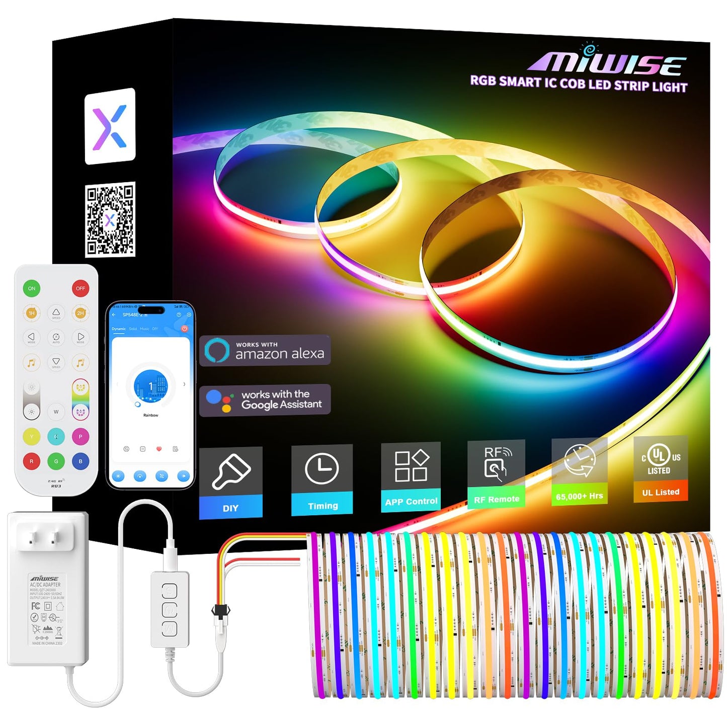 MIWISE RGB Smart IC COB LED Strip Light,20ft Color Chasing Flexible LED Tape Light,WS2811 Addressable RGB Strip with APP Control/Music Mode,Work with Alexa/Google,for Party/Home DIY Lighting Projects