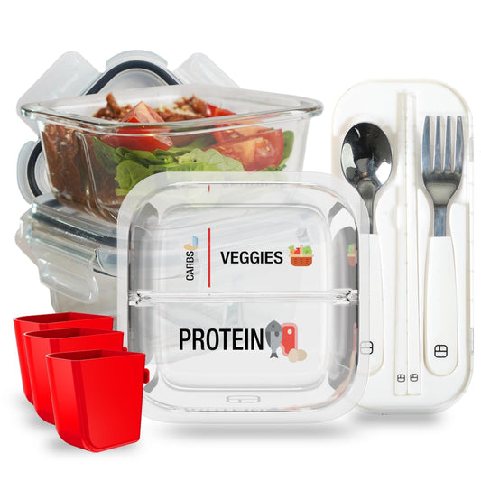 BariBowl Portion Control Containers for Bariatric Meals – 8 oz Glass Meal Prep Containers with Two 4 oz Compartments and Lids (3 Pack), Reusable Bento Lunch Boxes