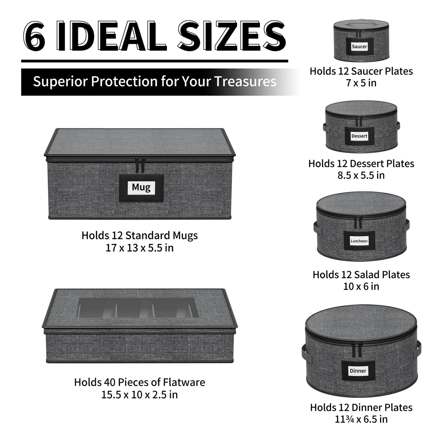 Aokeyee 6-Piece China Storage Containers Set, Hard Shell Moving Boxes for Dishes, Plates, Mugs & Flatware – Dinnerware Organizer with Soft Dividers, Sturdy Handles & Zippers, Grey