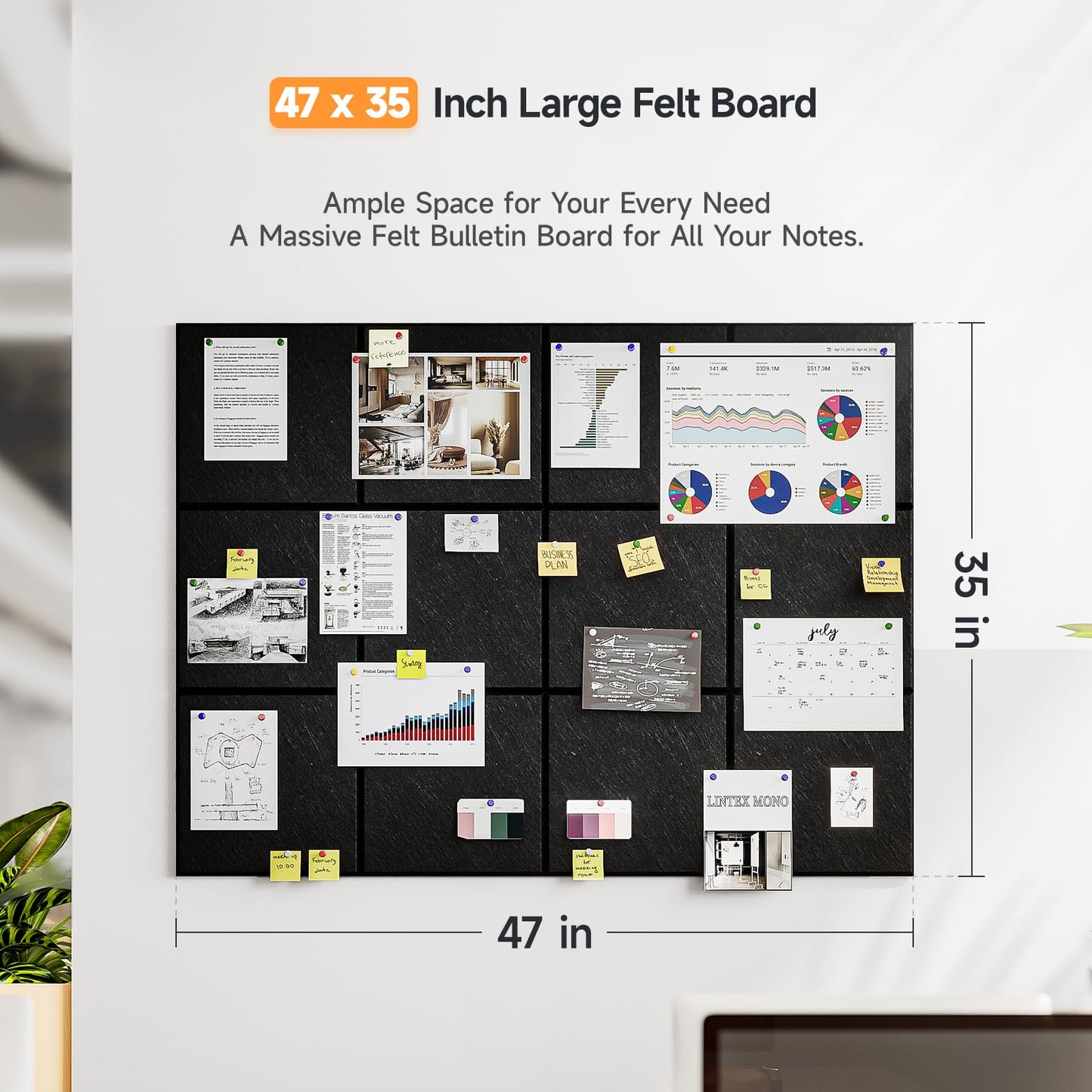 Uoisaiko Felt Cork Board for Wall: Extra Large Bulletin Board for Office - 12 PCS Thick Corkboard Tiles Grey Pin Board Squares Adhesive
