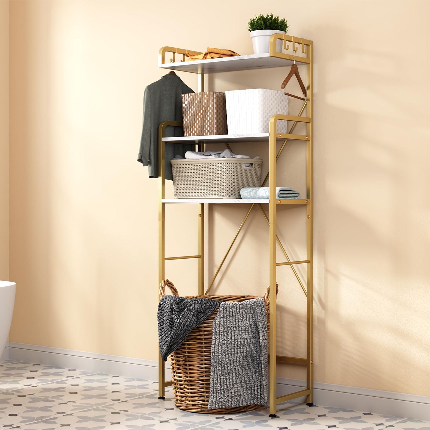 Over The Toilet Storage Rack with 3-Tier Shelves, Space Saver Toilet Shelf, Laundry Organizer with Hooks for Over Toilet Storage and Space Saver (White & Gold)