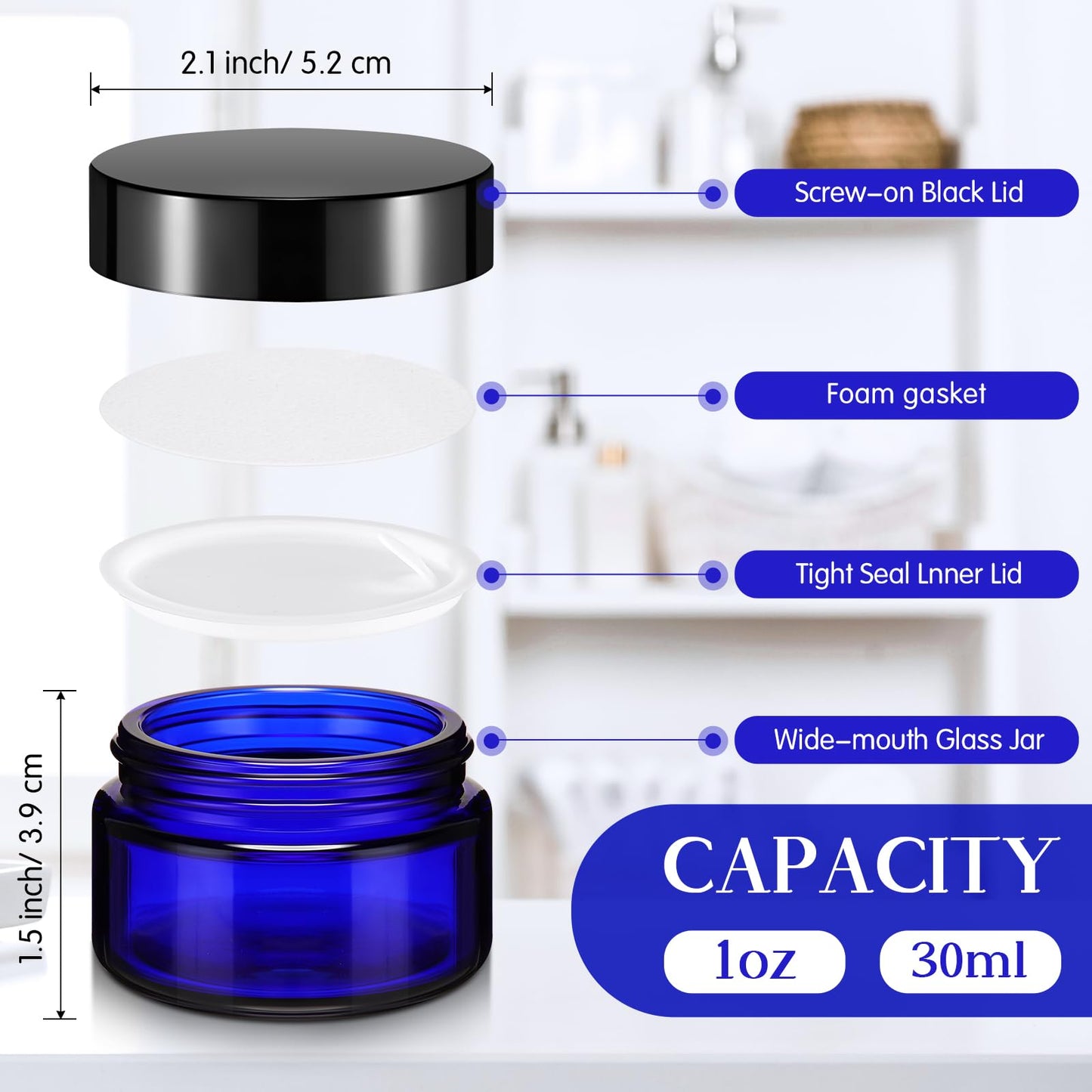 Domensi 60 Pcs 1oz Glass Jars with Lids Bulk Salve Tins Small Glass Candle Cosmetic Jars for Travel with Inner Liners Containers for Lotions Sample Cream(Cobalt Blue, Black Lid)