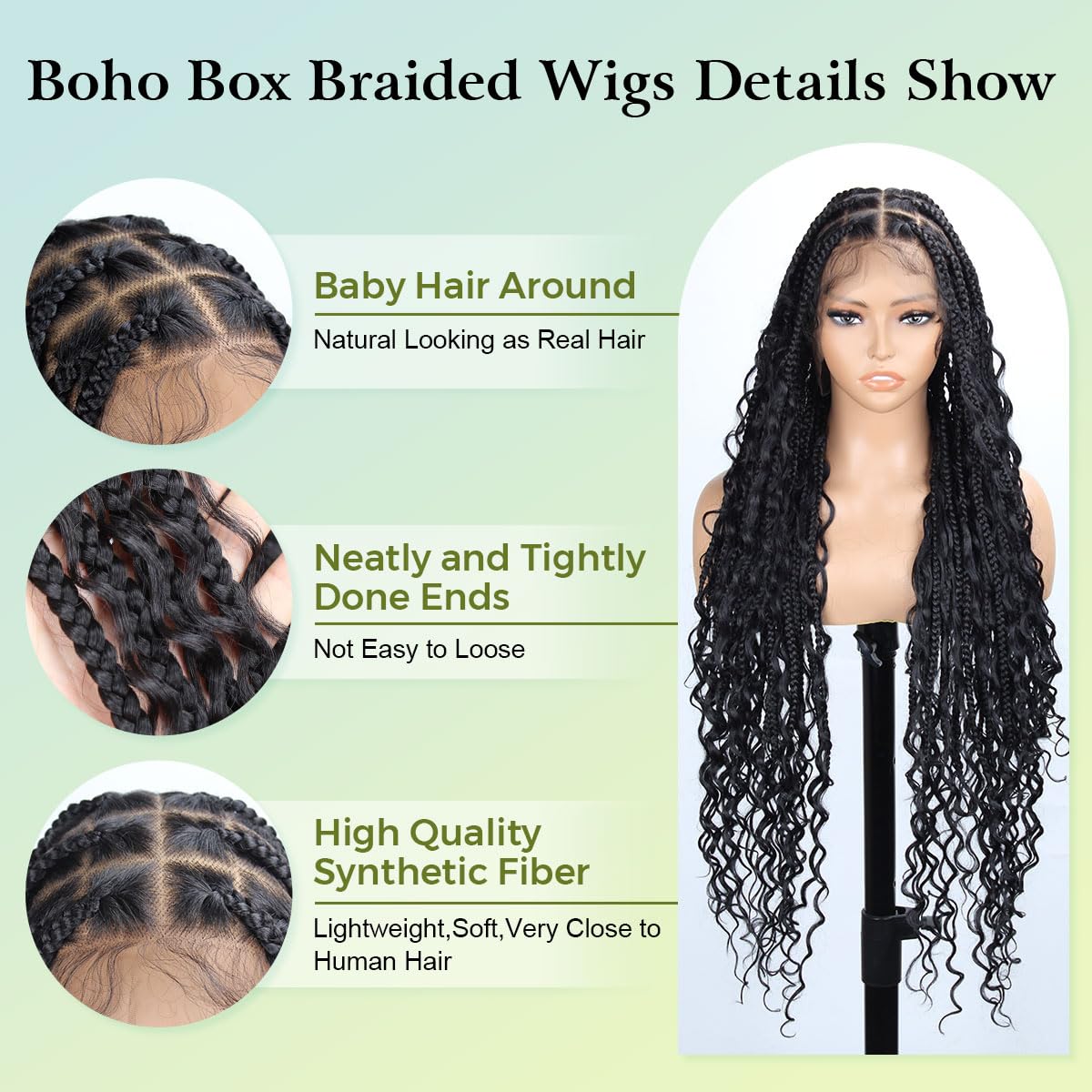 Vecago 36 inch Single Full Lace Boho Braided Wigs for Black Women, 360 HD Lace Knotless Box Braid Wigs with Baby Hair Black Synthetic Braid Wig