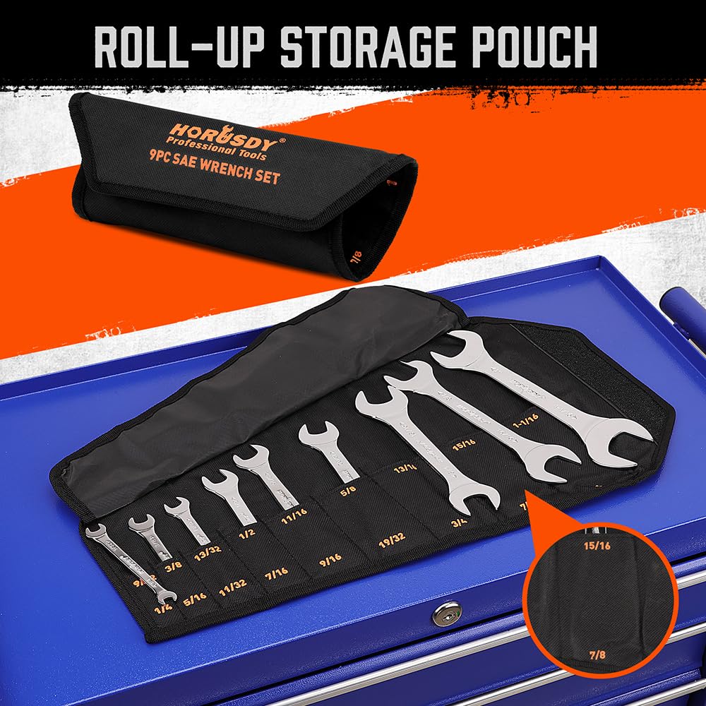 HORUSDY Thin Open End Wrench Set | Bike Wrench Set with Rolling Pouch | 19-Piece SAE & Metric | CR-V Steel | 1/4" to 1-1/16" & 5.5mm to 27mm for Mechanics
