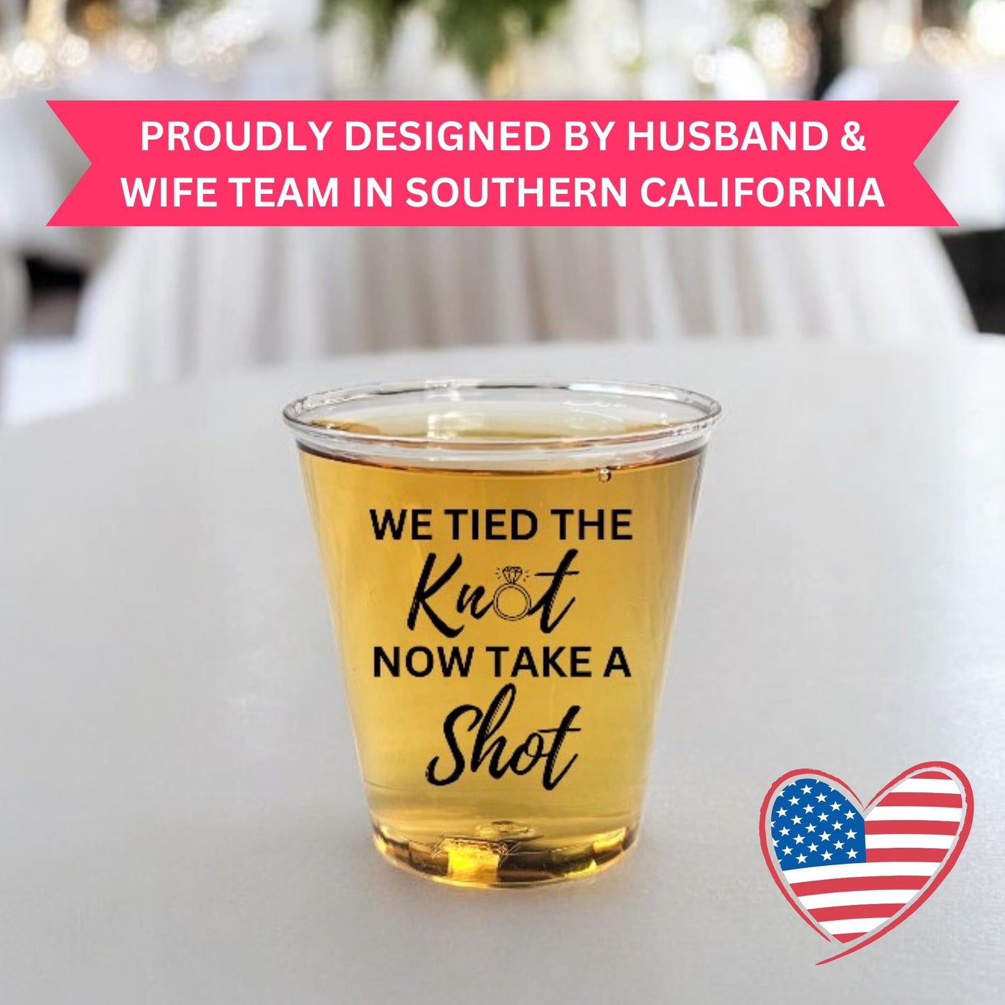 Cloverjoyed Disposable Plastic Wedding Shot Glasses, 200 Pack, 'We Tied the Knot Now Take a Shot' with Ring Design, Perfect for Weddings, Bridal Showers, Engagement Parties