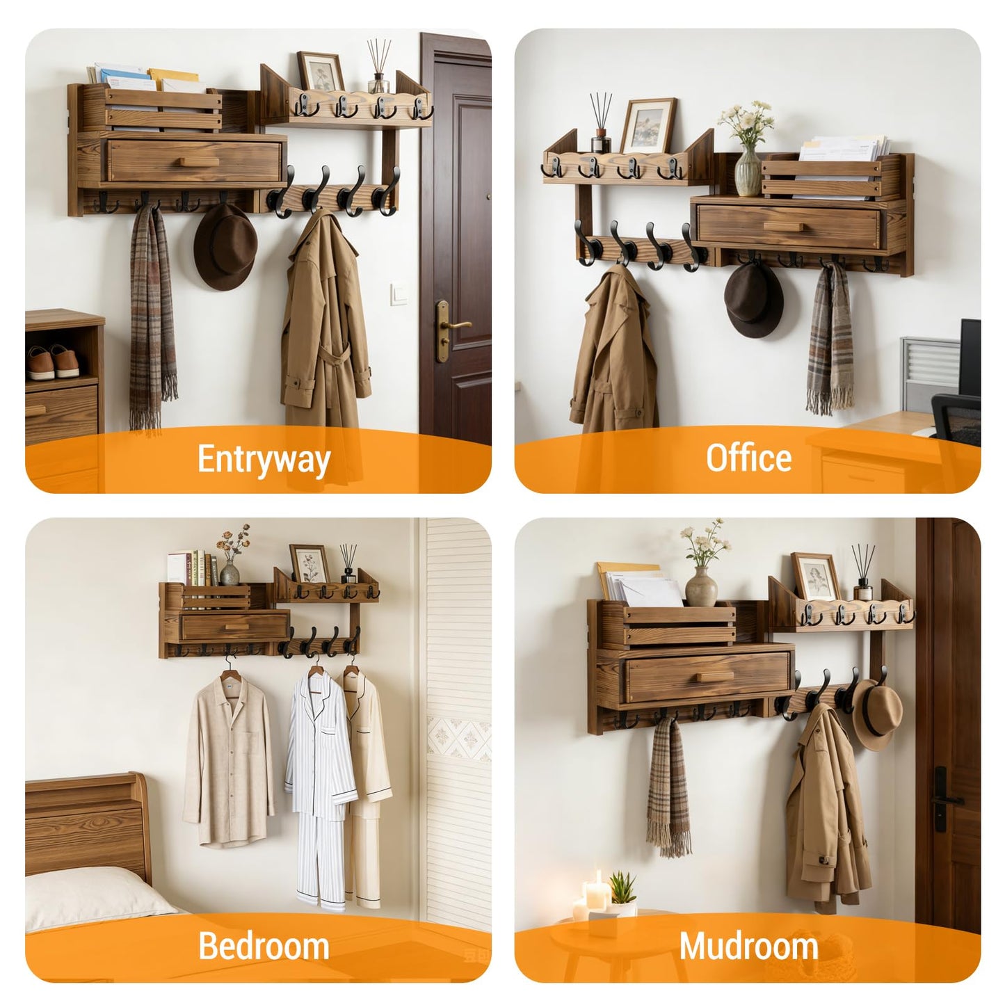 Dellicasi 29" Coat Rack Wall Mount with Shelf & Drawer, Heavy Duty Wood Entryway Organizer, Wall Coat Hanger with 12 Metal Hooks, Wall Mounted Coat Rack Key & Mail Holder for Living Room, Bedroom