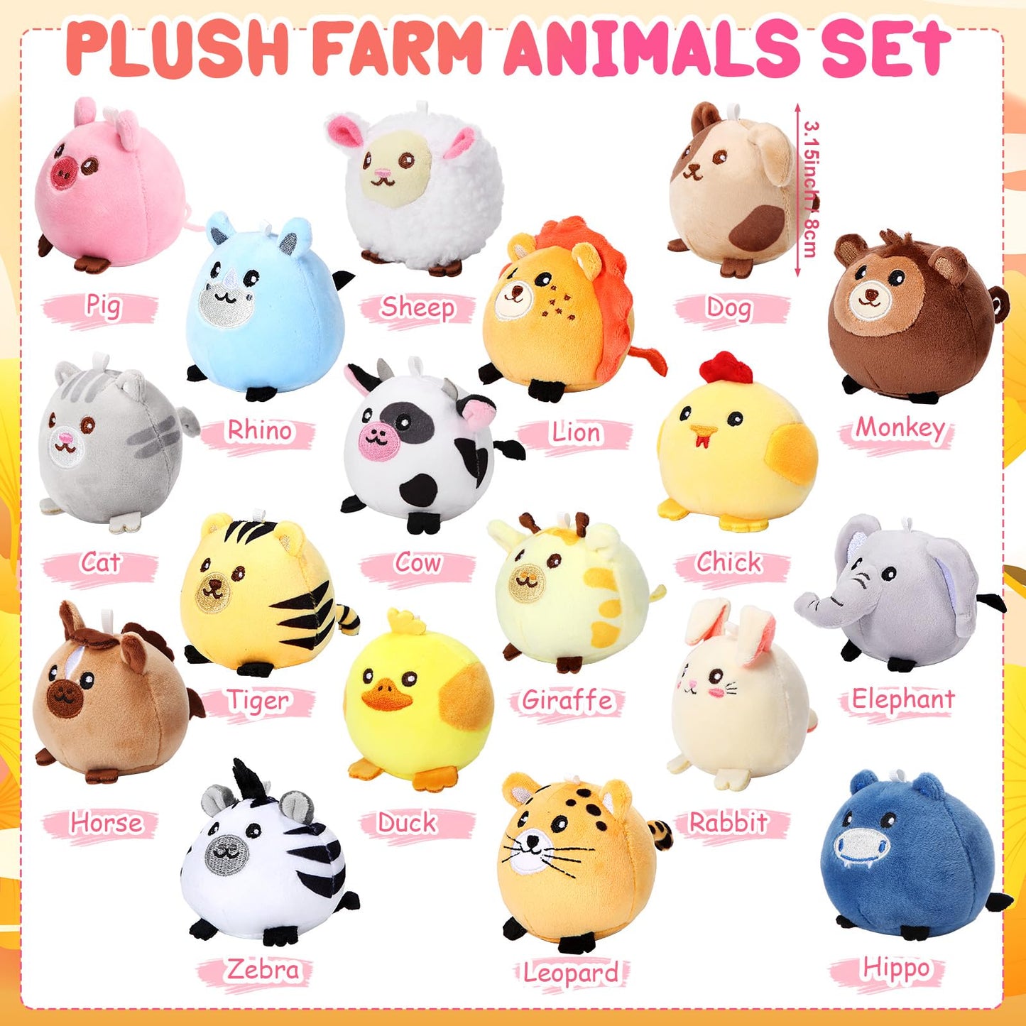 Halloscume 18 Pcs Mini Stuffed Animals Bulk 3.15 Inch Small Plush Forest Farm Jungle Animal Toys Keychains Set for Birthday Gifts Easter Egg Fillers Basket Stuffers School Prizes Party Favors