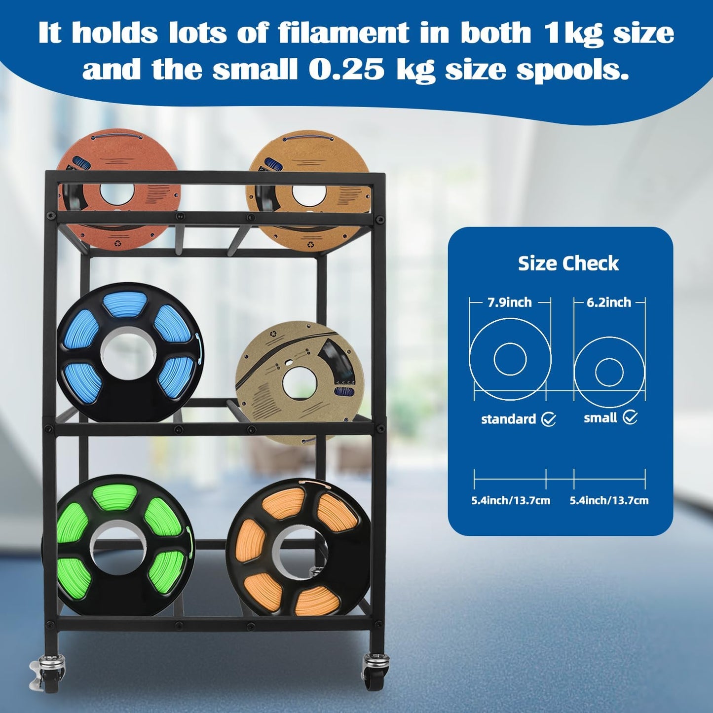 3D Printer Filament Storage Rack, 360 Rolling Spool Holders with Wheels, Heavy Duty Metal Shelf for PLA/ABS/TPU Filaments
