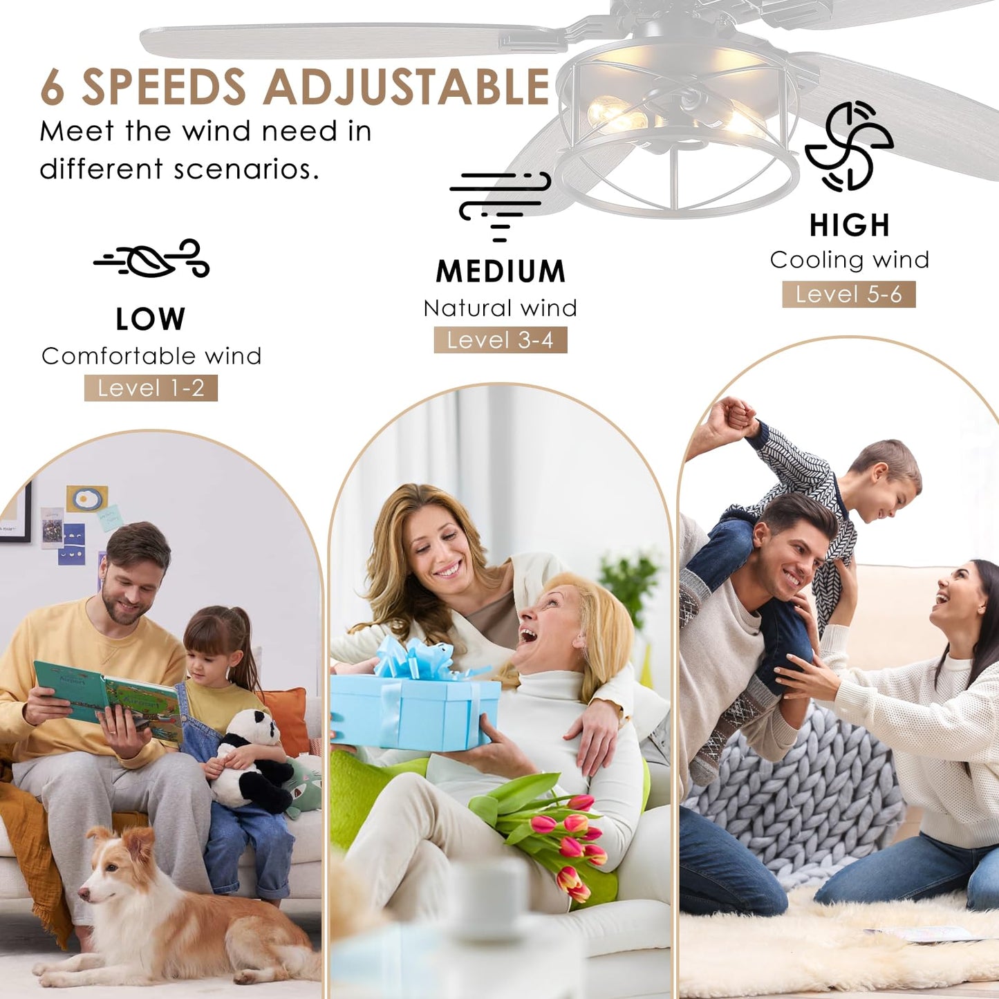52" Black Ceiling Fan with Light & Remote, Timer, 5 Wood Blades - Rustic Flush Mount Fandelier, 6-Speed Reversible, Indoor/Outdoor for Bedroom, Living Room, Kitchen, Patio