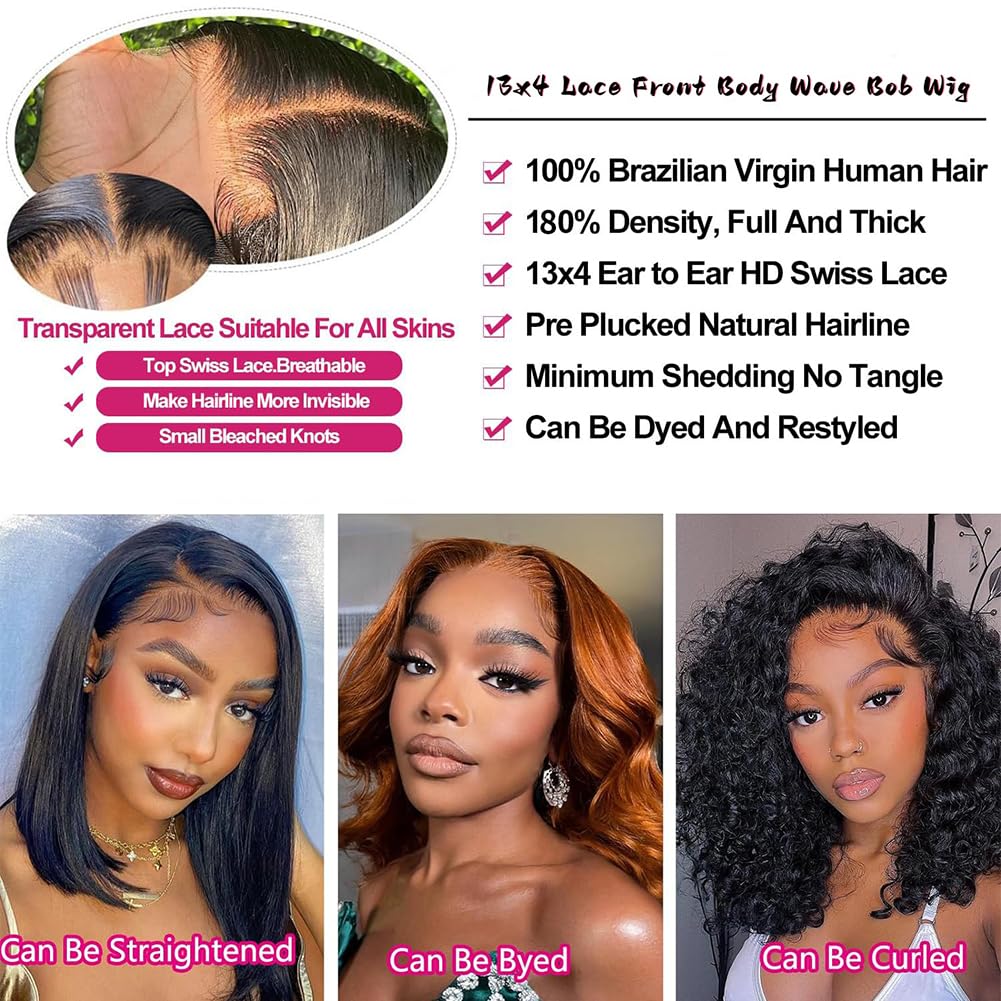 TONGMAY Bob Wig Human Hair 13x4 HD Lace Front Body Wave Bob Wigs Brazilian Virgin Human Hair Bob Wig for Women 180% Density Frontal Wig Human Hair Natural Black 16 Inch