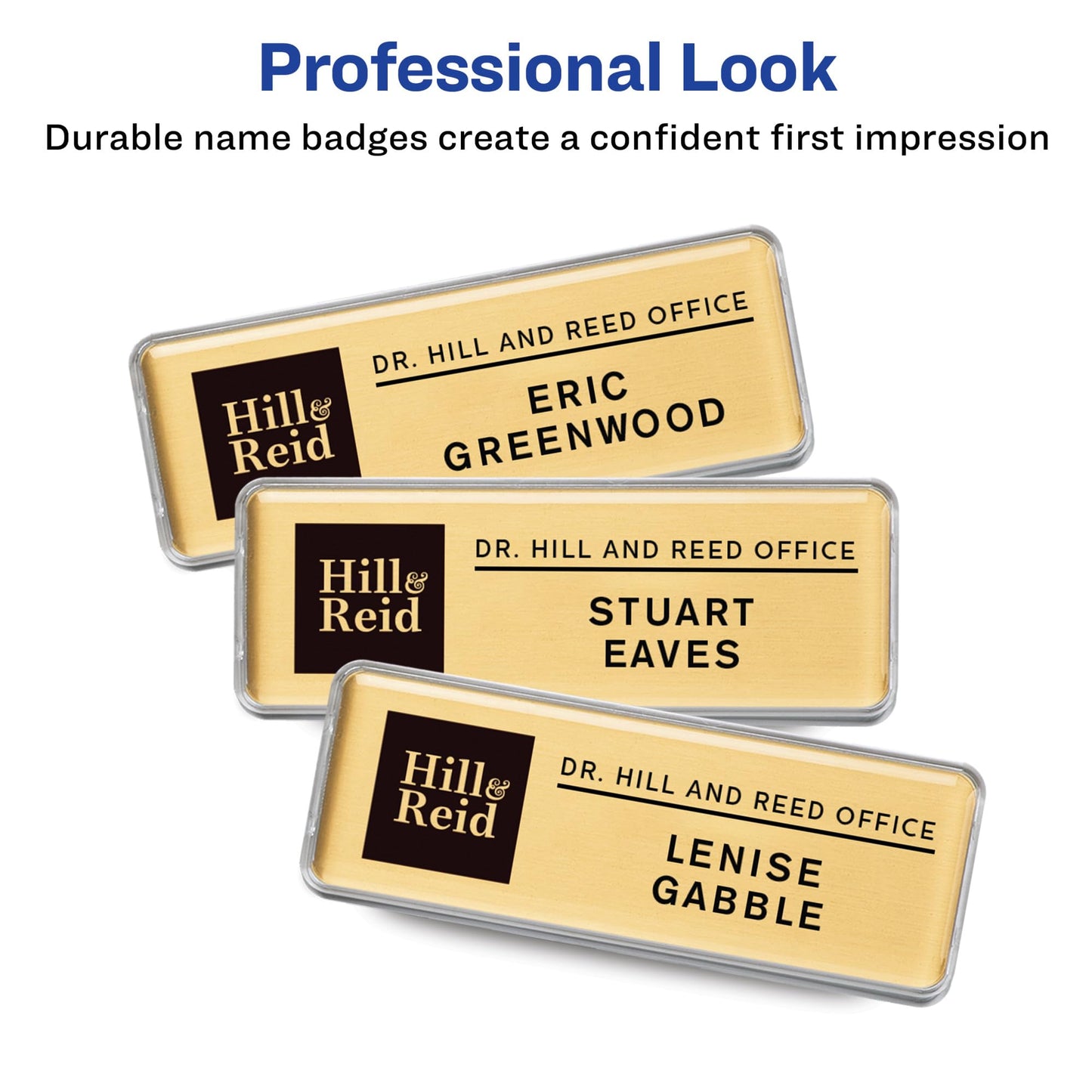 Avery Reusable Magnetic Professional Name Badge System, 1" x 3" Gold Name Tags, 10 Identification Badges, 80 Inkjet Printable Inserts, Design Software Included (71203)