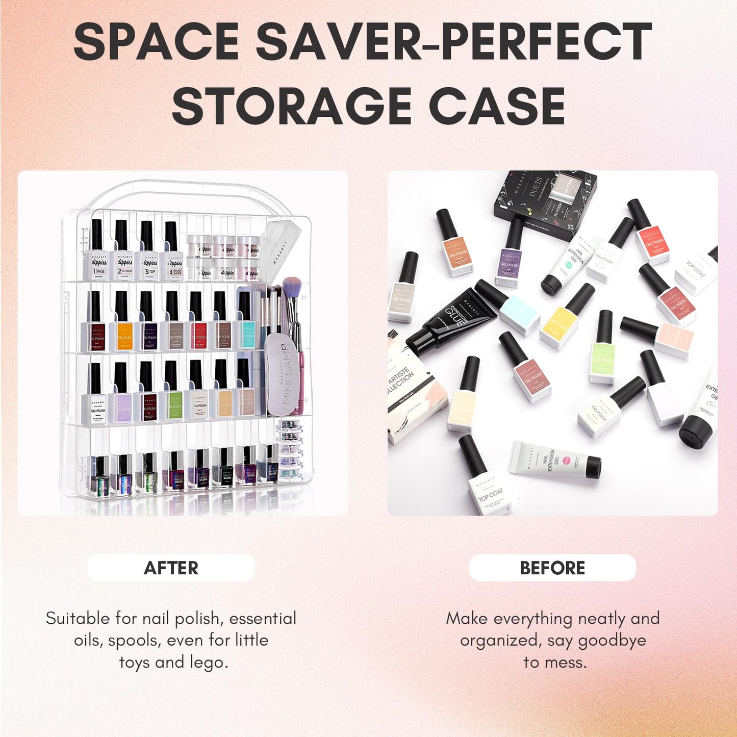 Makartt Gel Nail Polish Organizer, Clear Storage Case Holder for 60 Bottles, Large Compartment, Space-Saving, Travel Carry, Colors Display