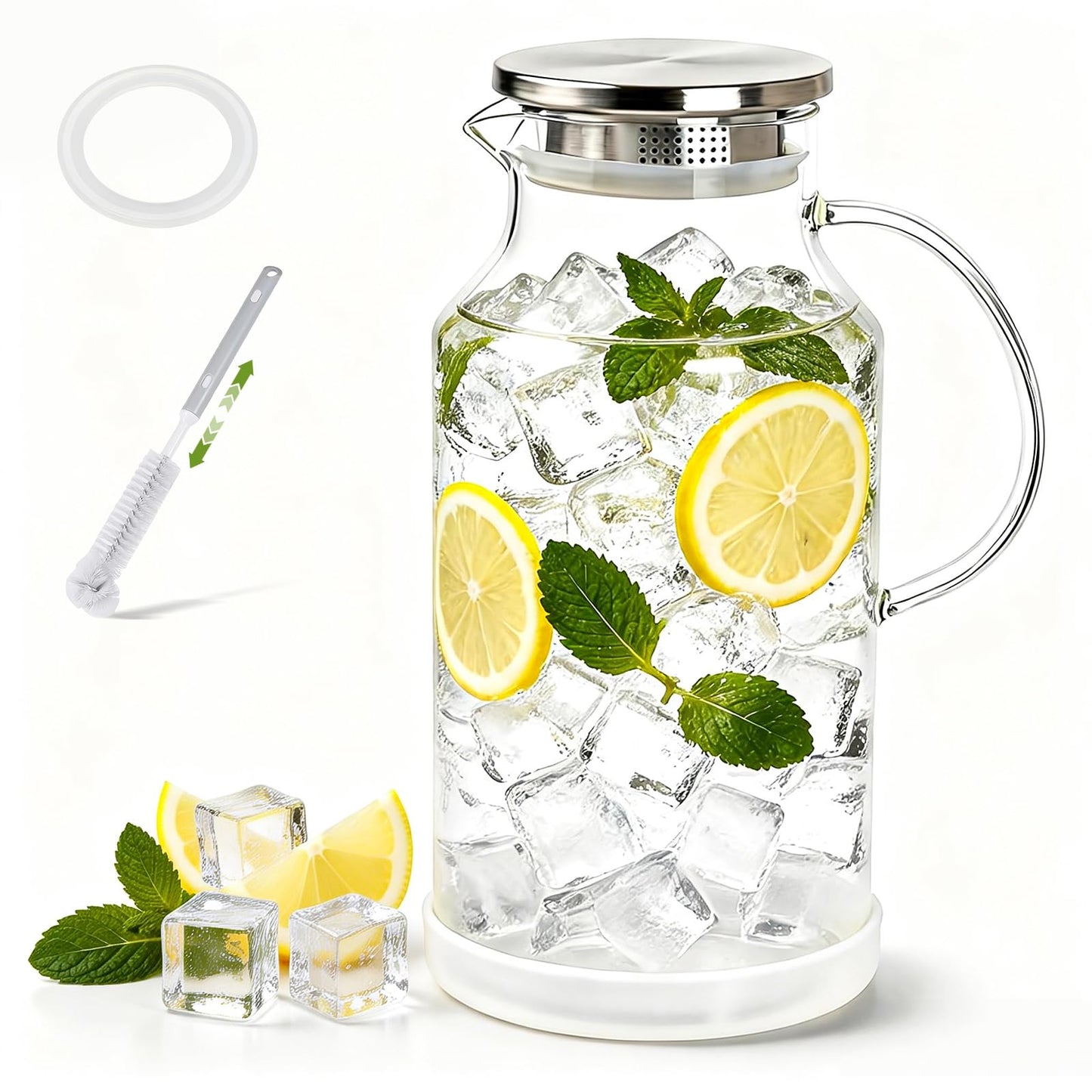 1 Gallon/3.8L Glass Pitcher with Lid, Extra Large Water Carafe Jug, Borosilicate Glass Iced Tea Pitcher, Glass Water Pitcher with Silicone Base, Leak-proof Ring & Cleaning Brush Included (Transparent)
