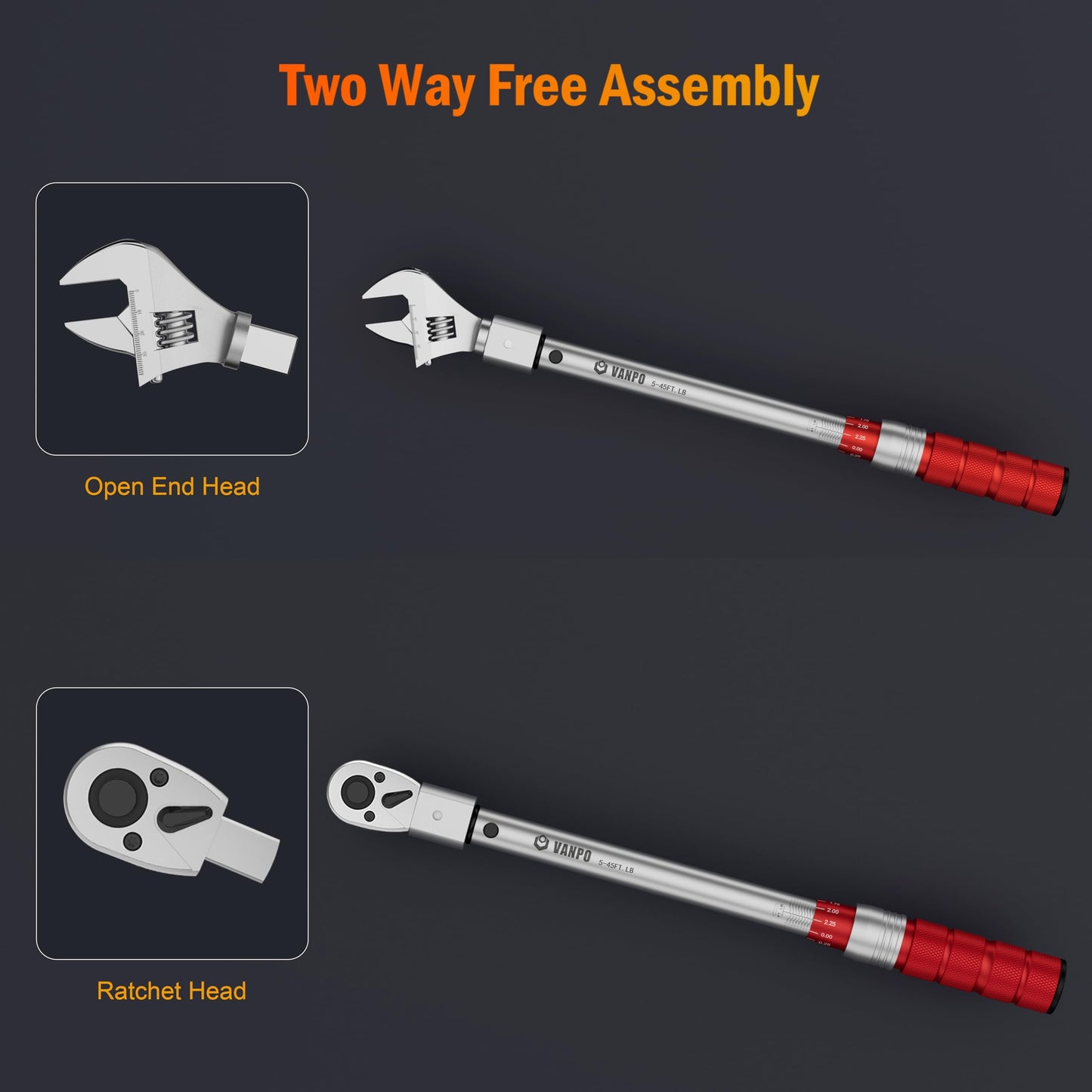 VANPO 3/8 Inch Drive Adjustable Torque Wrench, 5-45 Ft.lb/7-61 Nm, 38MM Open End Torque Wrench with Interchangeable Jaw & Ratchet Head for HVAC, Car, Moto, Narrow Pipeline