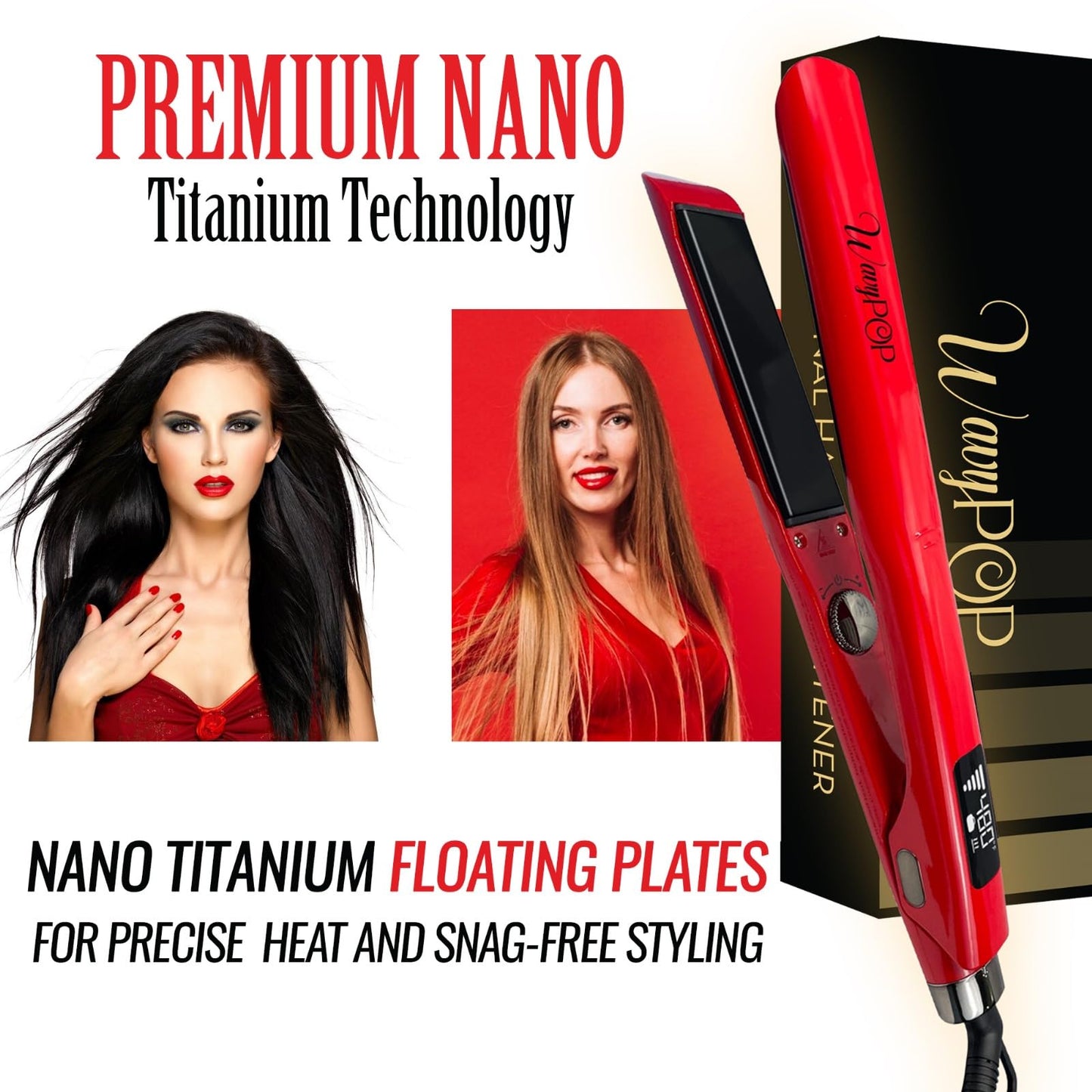 Wavy POP PRO 2 in 1 Titanium Flat Iron Hair Straightener & Curling Wand Red | Professional Straightening Hair Iron with Ceramic MCH Fast Heat, Auto Shut Off | Dual Voltage with Travel Bag