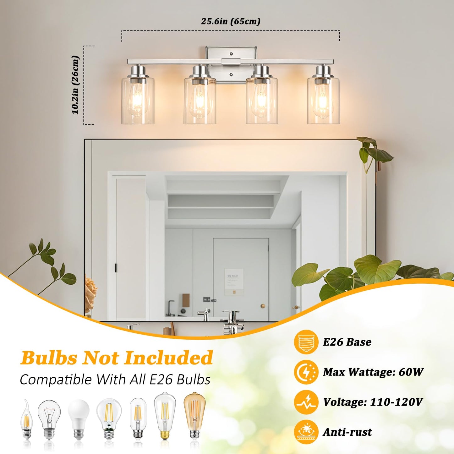 Unicozin 4-Light Bathroom Light Fixtures, Modern Vanity Lights with Clear Glass Shades, Brushed Nickel Bathroom Wall Lamp for Mirror Living Room Cabinet Bedroom