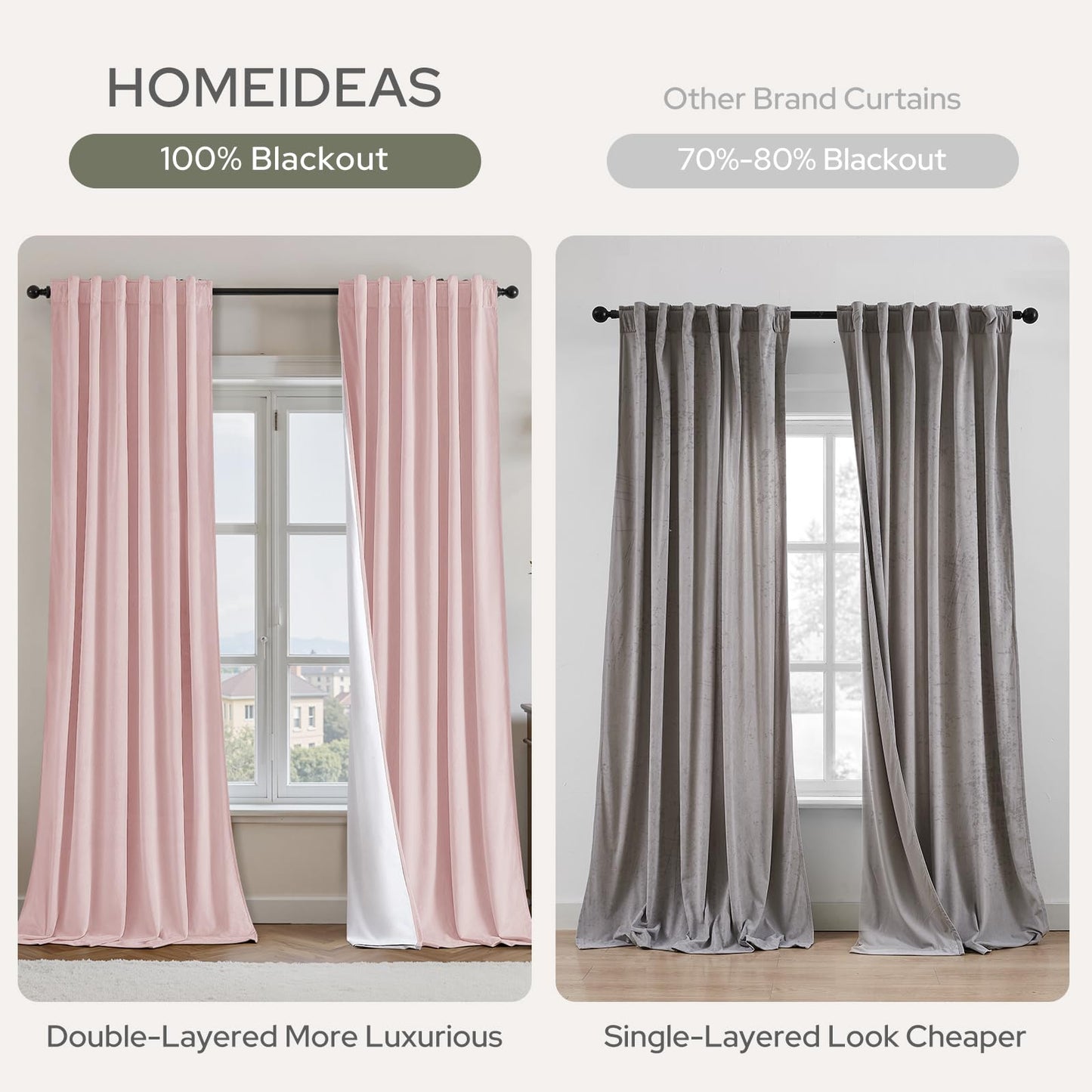 HOMEIDEAS 100% Blackout Pink Velvet Curtains, Thermal Noise Reduction Luxury Velvet Curtains for Bedroom Preppy Room Decor, Living Room, 52 X 84 Inch, 2 Panels